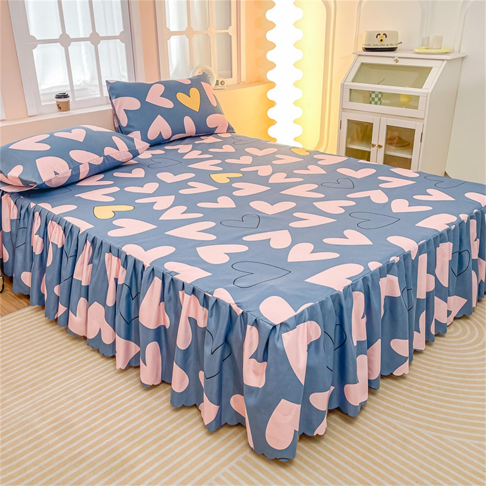 Odot Valance Fitted Sheet, Love Heart Pattern Fitted Valance Sheets Frilled Bed Base Valance Sheet Soft Bed Sheet with Skirt, Fit Over Mattress & Down to the Floor (Romantic,200x220cm)