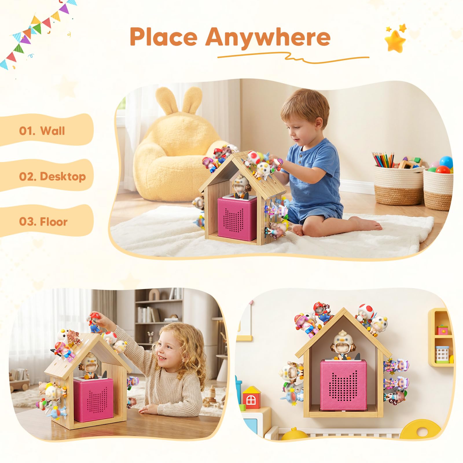 Étagère murale en bois pour figurines Tonies (12 à 40 pièces), étagère murale avec bandes magnétiques pour le rangement, étagère de présentation pour Tonies & Toniebox, design maison (moyen)