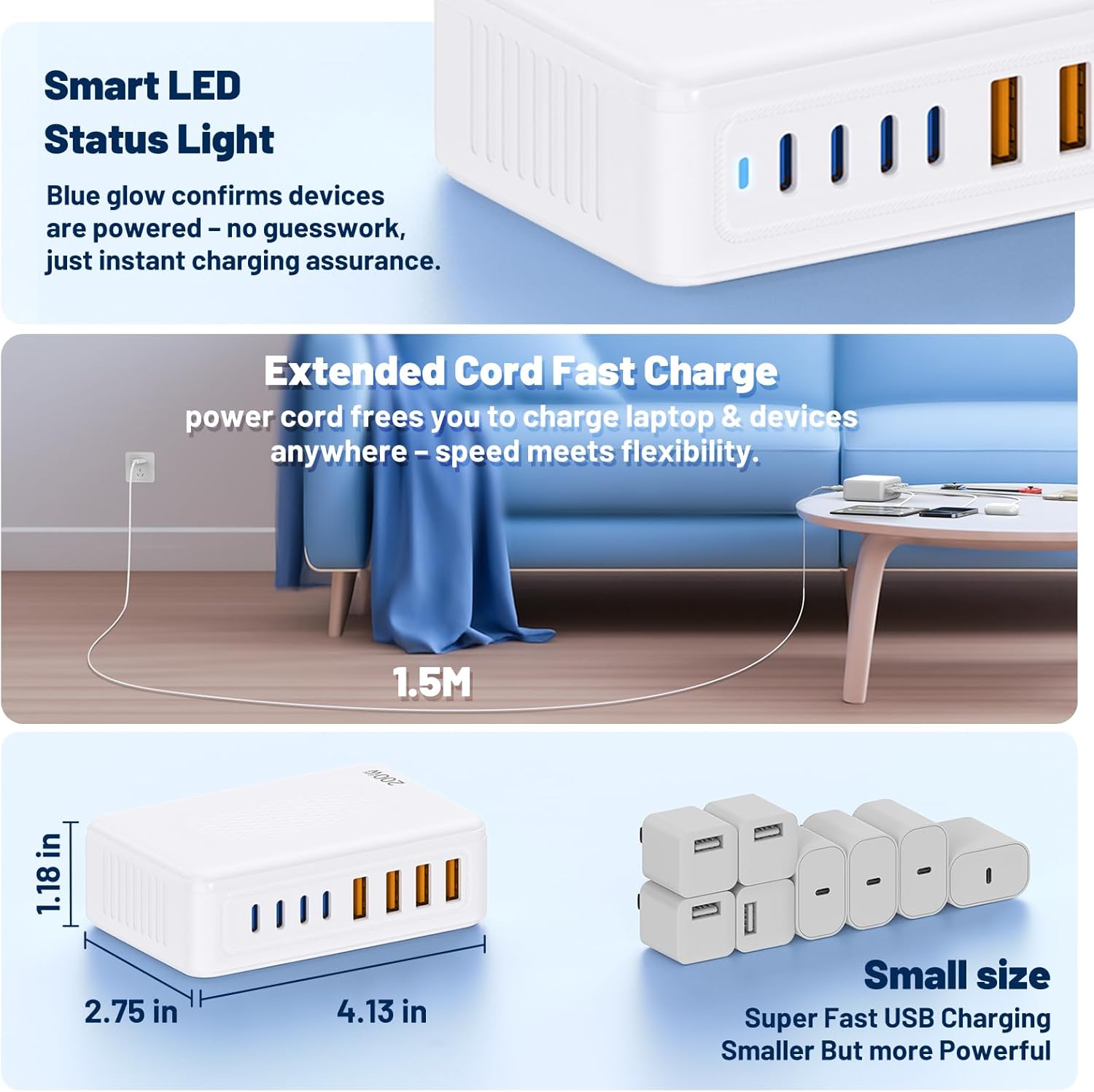 200W USB C Charging Station,8-Port GaN USB C Charger Block,PD 65W Desktop Charger, Power Strip Adapter Compatible with iPhone 17/16/15/14,MacBook Air/Pro,DELL, iPad Pro,Galaxy and More,White