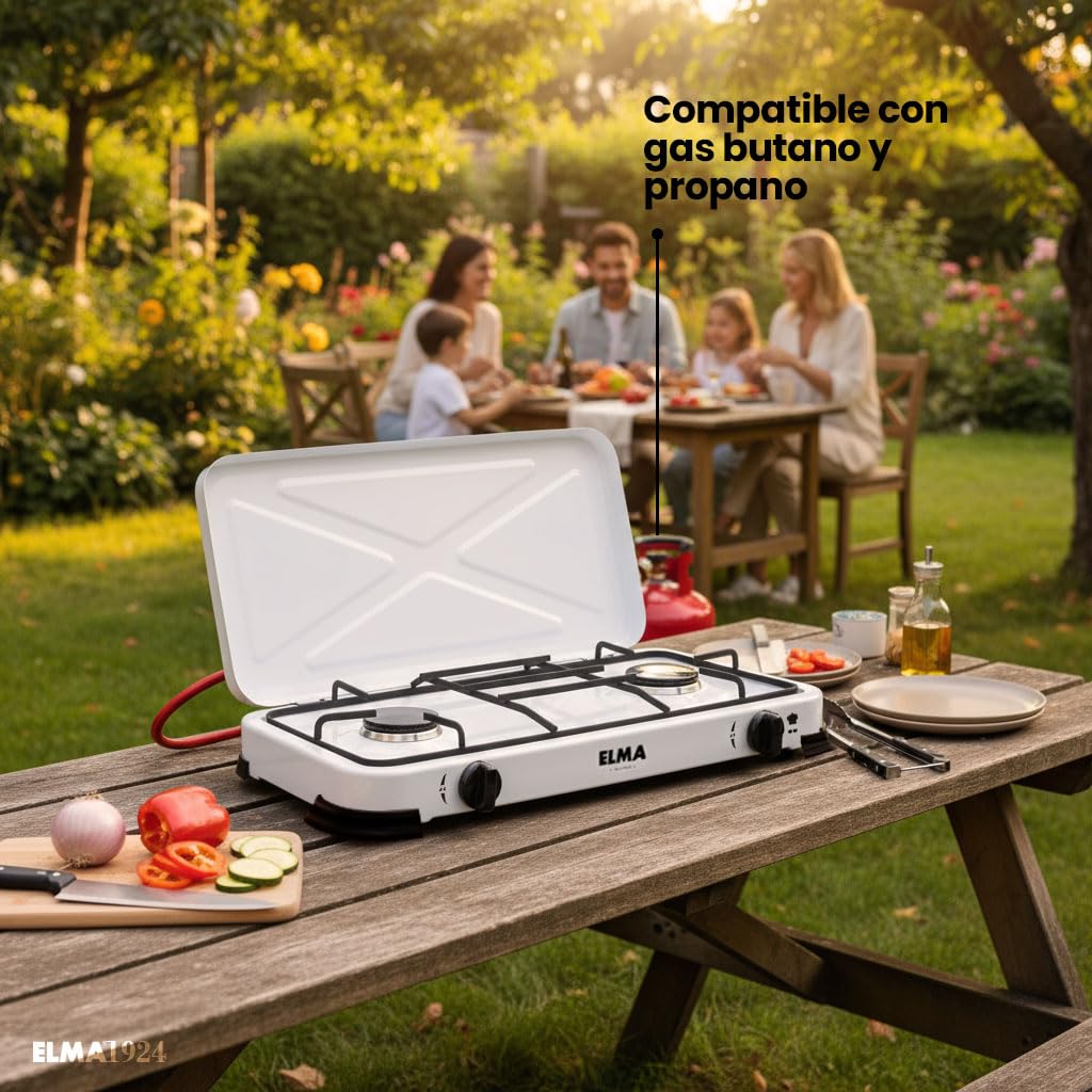 ELMA Cocina a Gas Portátil 2 Fuegos – Compacta y Ligera, Ideal para Camping, Caravanas y Uso en Casa | Compatible con Gas Butano y Propano, Incluye Instrucciones de Montaje | 58 x 28 x 5,5 cm