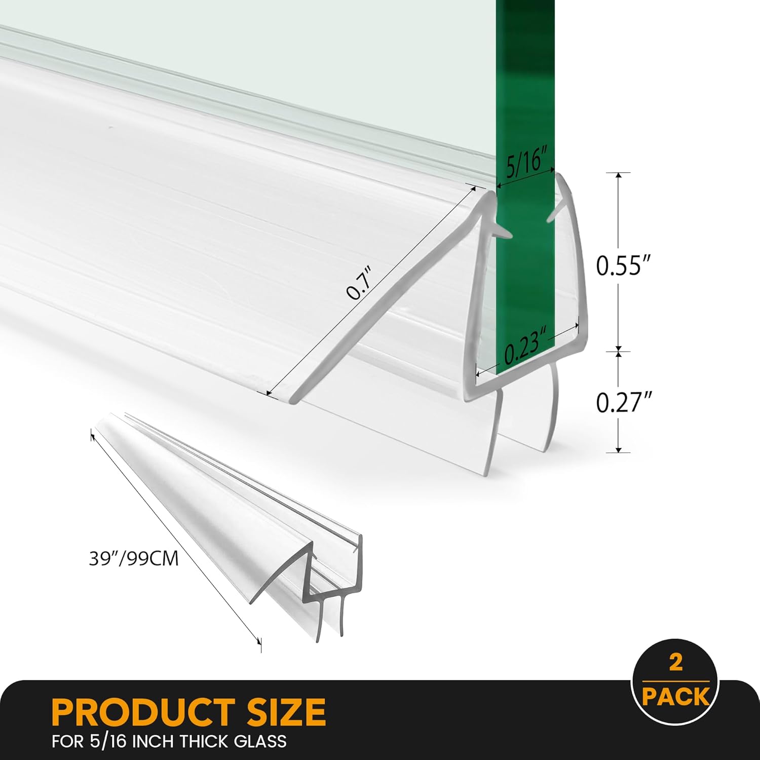 Shower Door Bottom Seal, 2-Pack PVC Strips with Sweep 39" Long, for 5/16"(8mm) Thick Framless Glass Door, to Stop Water Leakage
