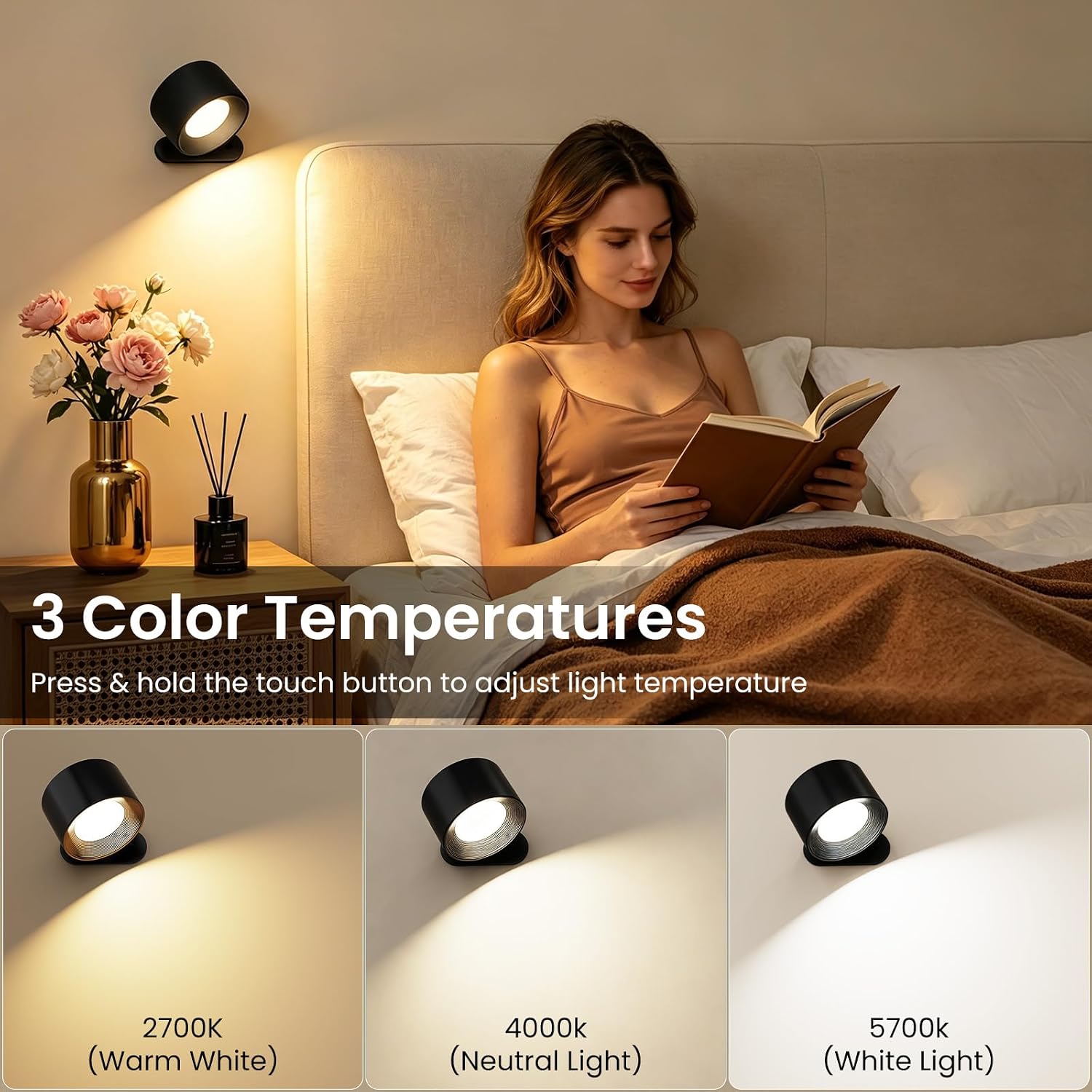  2PCS Rechargeable Battery Operated LED Wall Lamps, Wall Mounted Lights with 3 Brightness 3 Color Temp Removable Charging 360°Rotate Magnetic, Cordless Wall Sconces for Reading Bedside-Black thumbnail