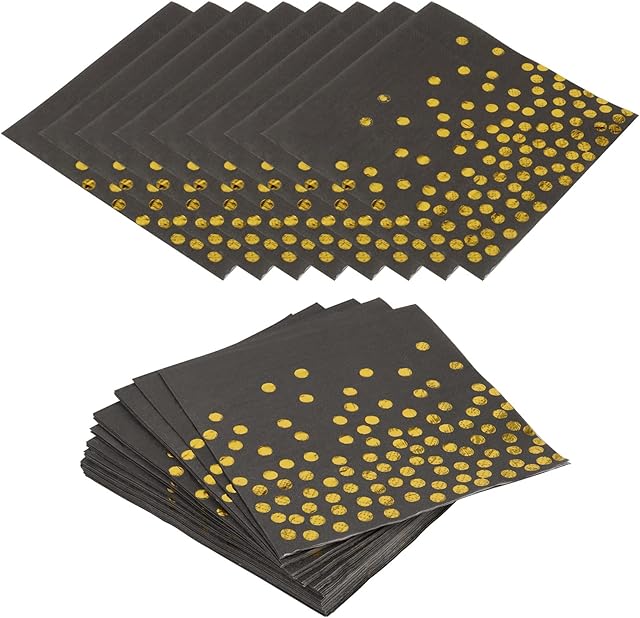 VBNZBK 40 Foiled Polka Dot Luncheon Napkins,Eco Friendly Napkins,Suitable for Weddings Birthday Parties Parties Christmas Dinner and Lunch 2 Ply Decorative Napkins(Black and Gold)