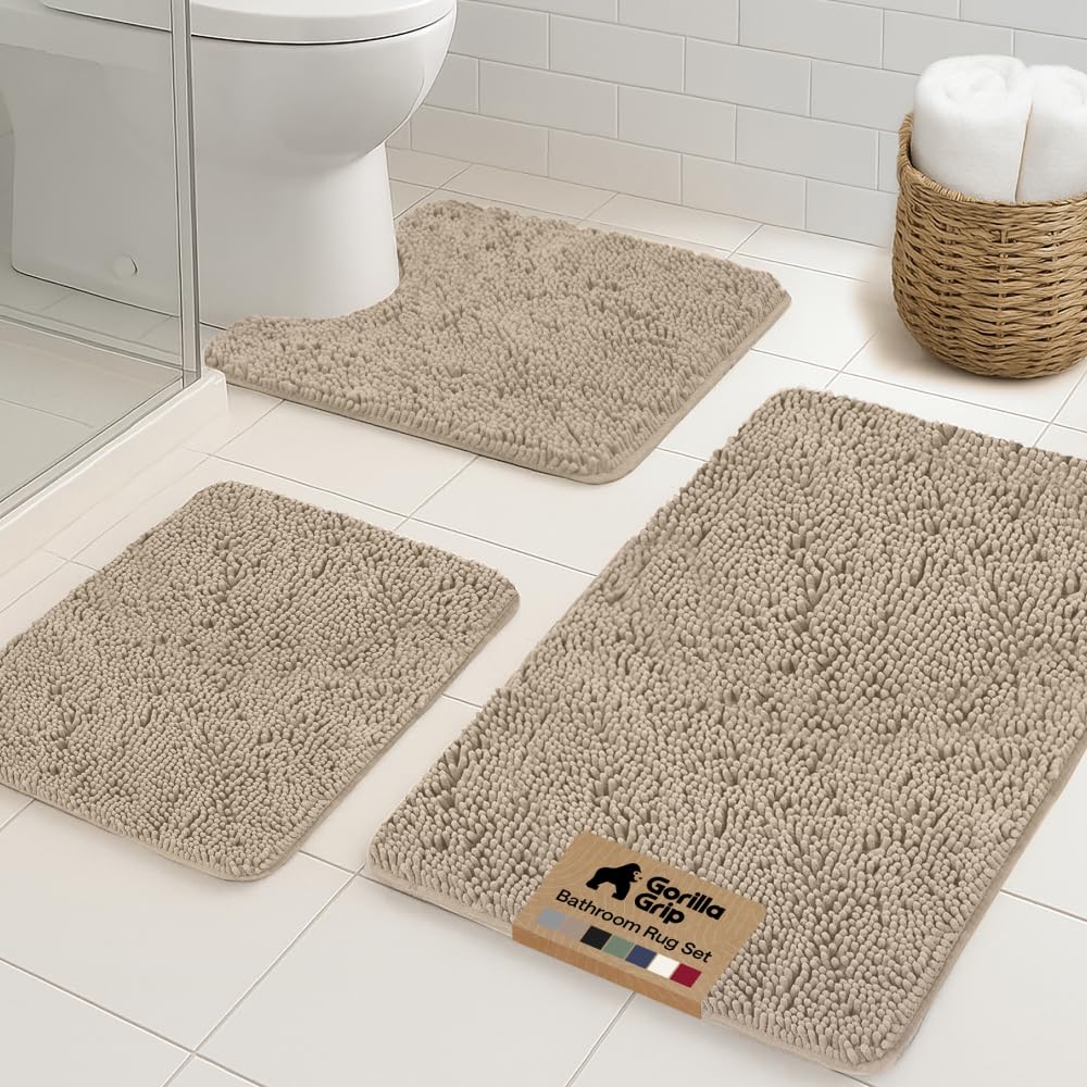 GORILLA GRIP Area Rug Sets and Oval Toilet Base, 3 Piece Beige