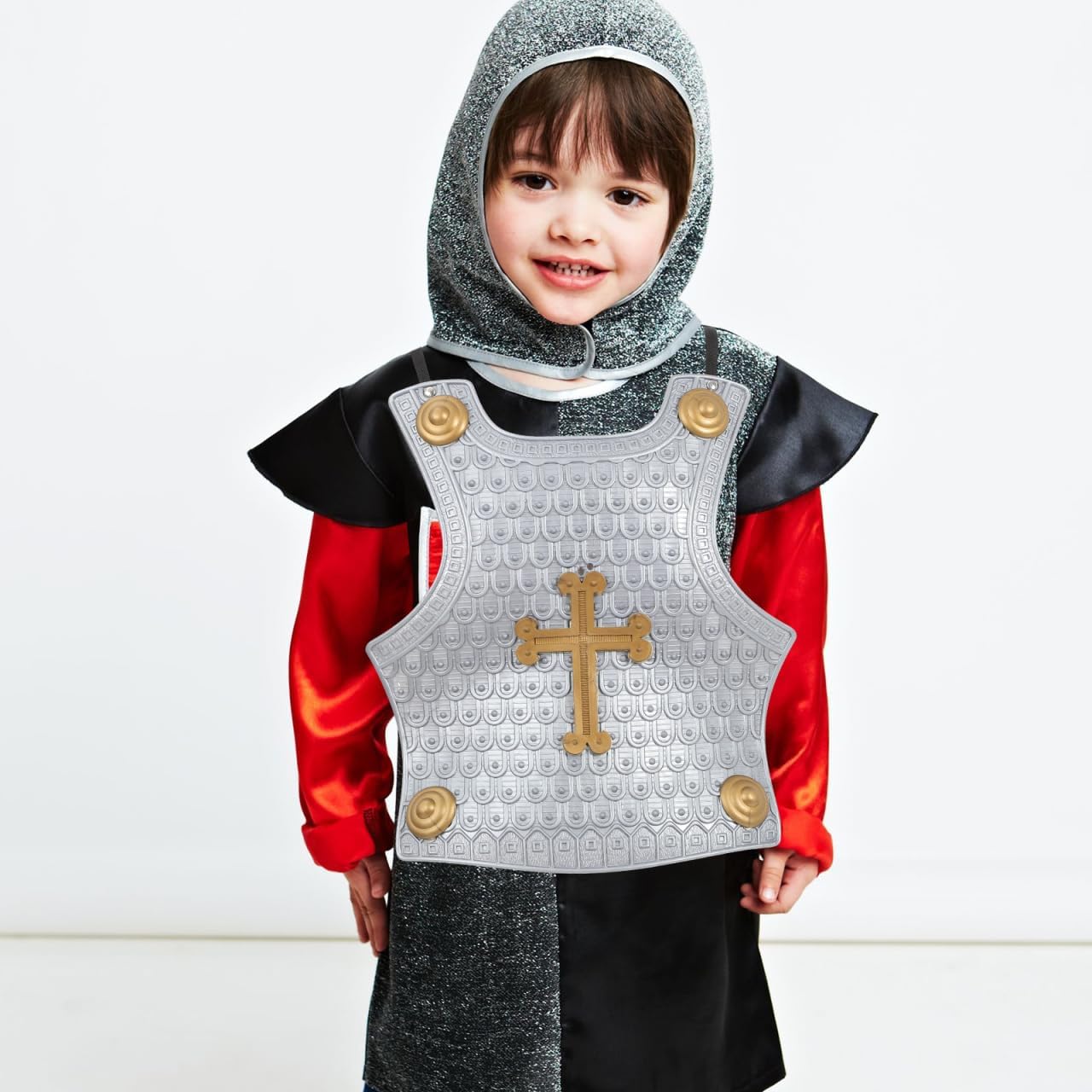 SAFIGLE Little Knight Armor Costume Set: Medieval Knight Shining Armor Soldier Role Play Vintage Plastic Costume - Wearable Vintage Gray Cross Breastplate Royal Dress Up