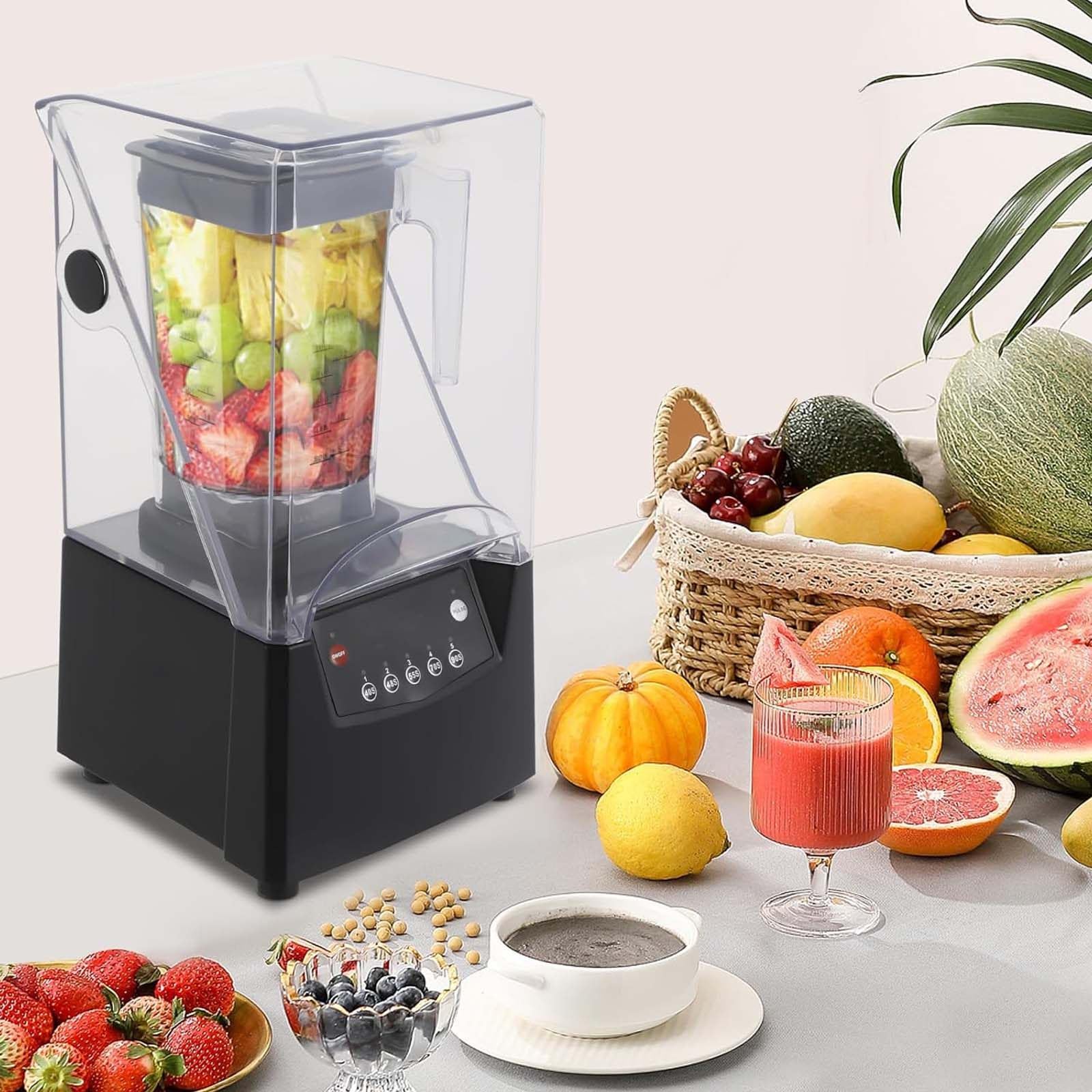 Komercyjny blender z osłoną dźwiękoszczelną, moc 2600 W, pojemność 0,48 Gal, 5 ustawień czasu, zdejmowane ostrza do smoothie, owoców, warzyw w kuchni lub restauracji