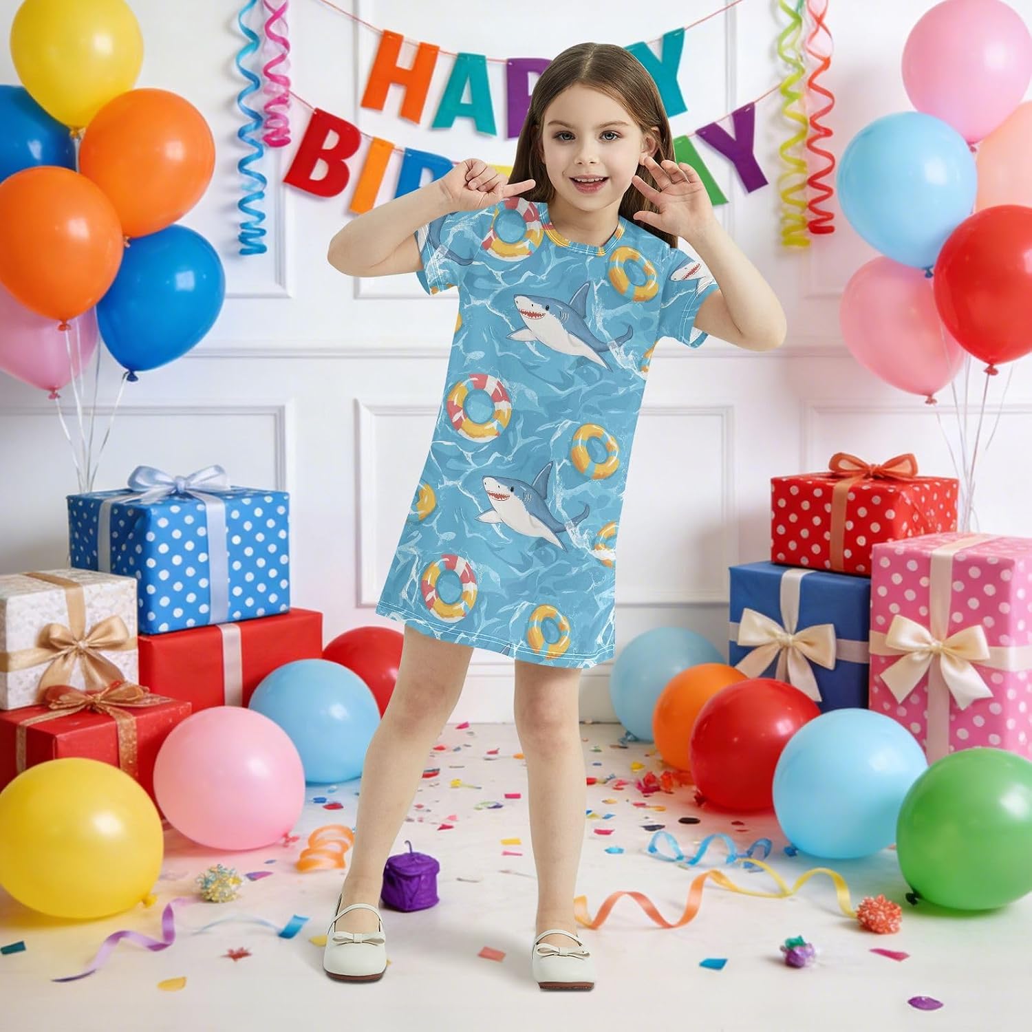 Cartoon Sharks Girls Dresses Summer Dresses for Girls with Cotton Short Sleeves for Casual a Line Dress Size 2-8Y