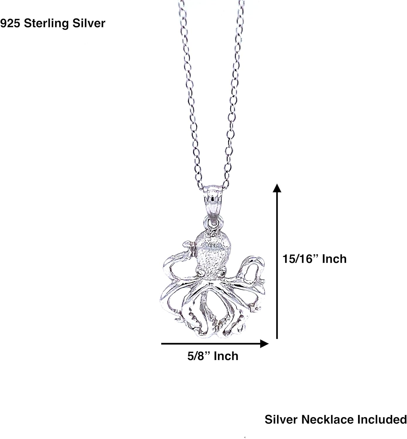 Charm America - Silver Octopus Pendant Necklace- 925 Sterling Silver- Silver Adjustable Necklace 16"-18" - Image 3