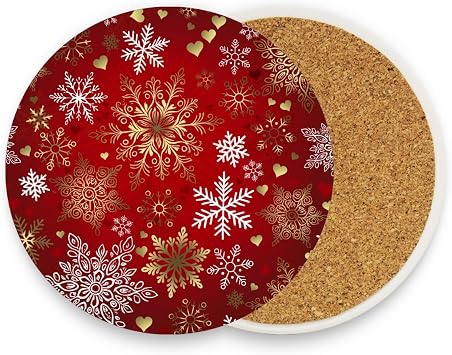 Christmas Red Coaster,Gold And White Snowflakes Round Drinks Coaster Set, Great Gifts Warming Presents Decor for Christimas