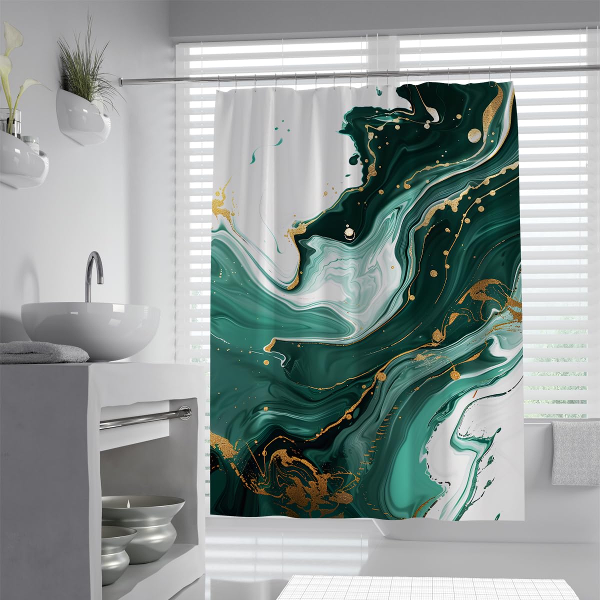 UIRINGART Elegant Bathroom Wet Room Tub W150xL200cm Abstract Emerald Mint Green White Liquid Fluid Marble Swirl Pattern Mildew Mould Resistant Fabric Shower Curtain With Hooks