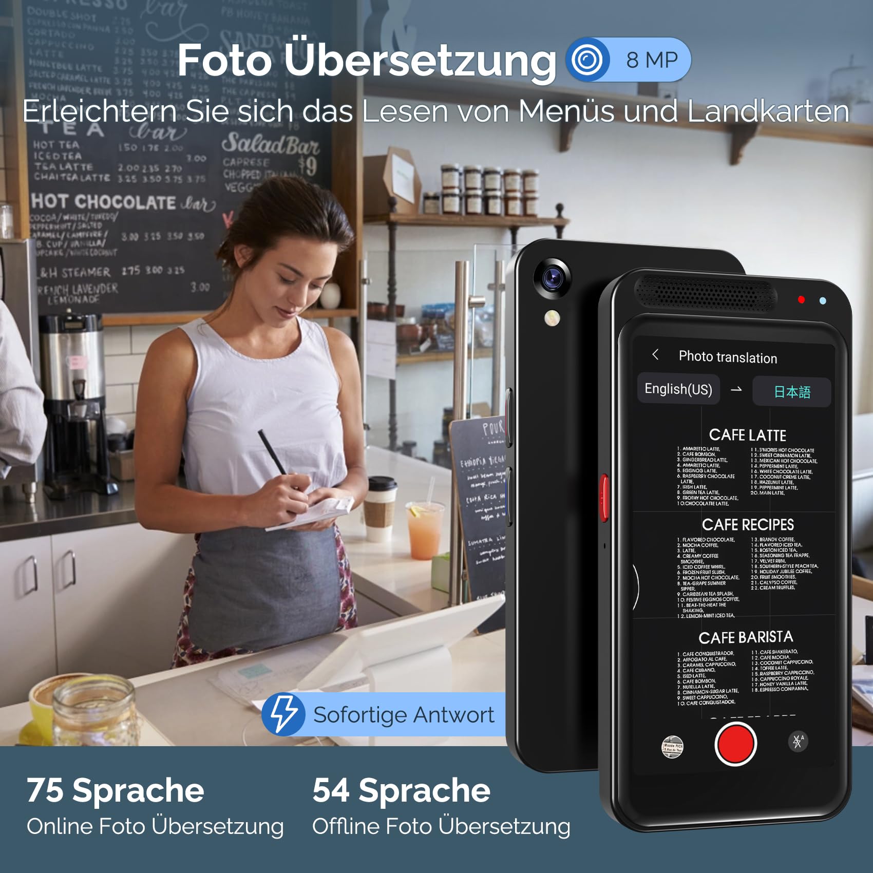 Sprachübersetzer Gerät,Zwei-Wege-Smart-Sprach Übersetzer Foto Taschenübersetzer in Echtzeit,150 unterstützte Sprachen,Online/Offline Sprachübersetzer für Unternehmen,Lernen Reisen