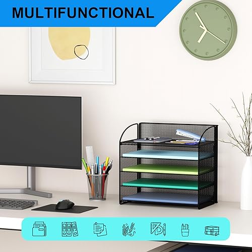 Miniatura 6 de GDINDINFAN Bandeja organizadora de papel de 5 niveles con asa, organizador de archivos de escritorio de malla, soporte clasificador de papel,