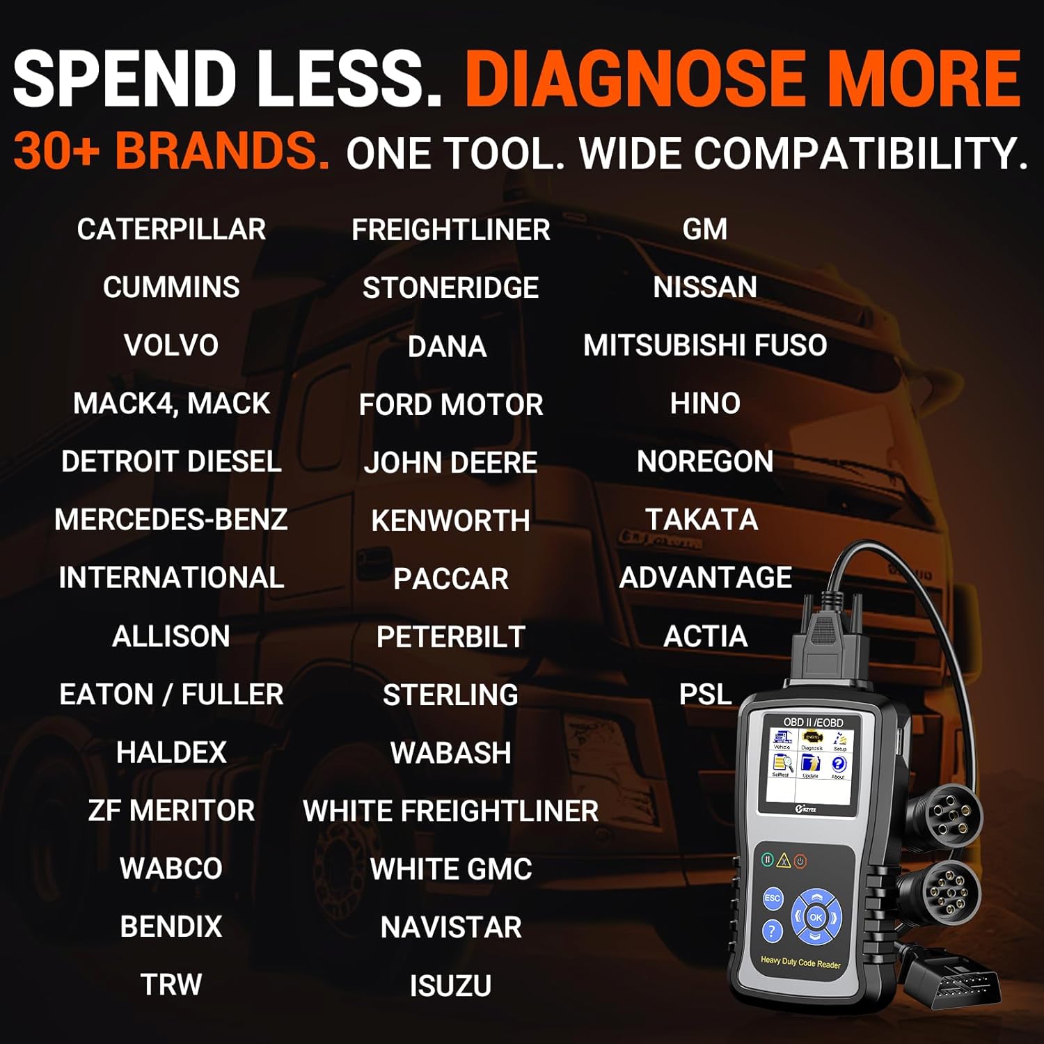 KZYEE KC601 Heavy Duty Diesel Truck Scanner – Full-System Diagnostic Tool fits for Cummins, CAT, Freightliner, International, Mack & More – Read ECU Data, Clear DTCs, View Live Data