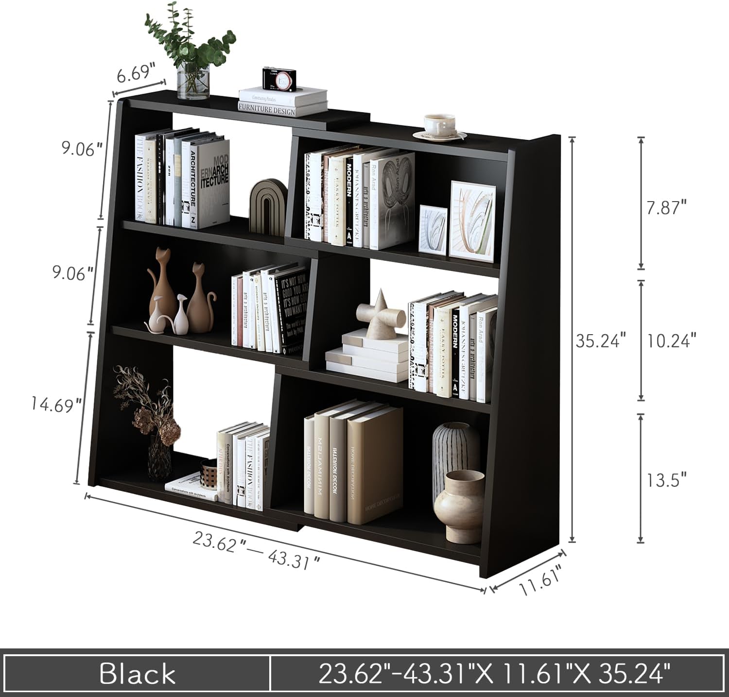 IOTXY Wooden Extendable Shelf Bookcase - 3-Tier Ladder Low Short Bookshelf for Small Space or Corner, Black, S Small Black