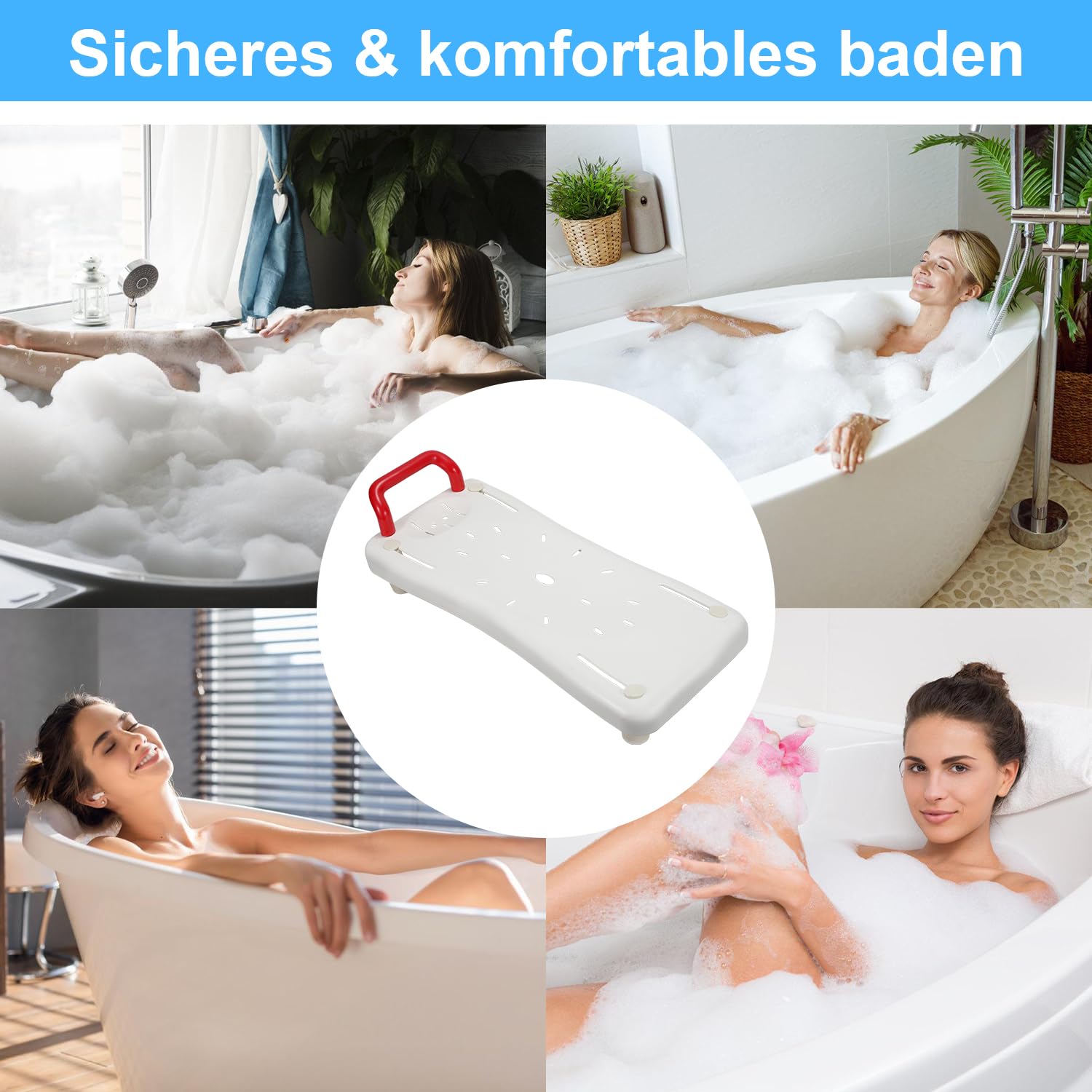Randaco Siège de baignoire pour personnes âgées 70 cm 150 kg largeur 41-62 cm porte-savon poignée