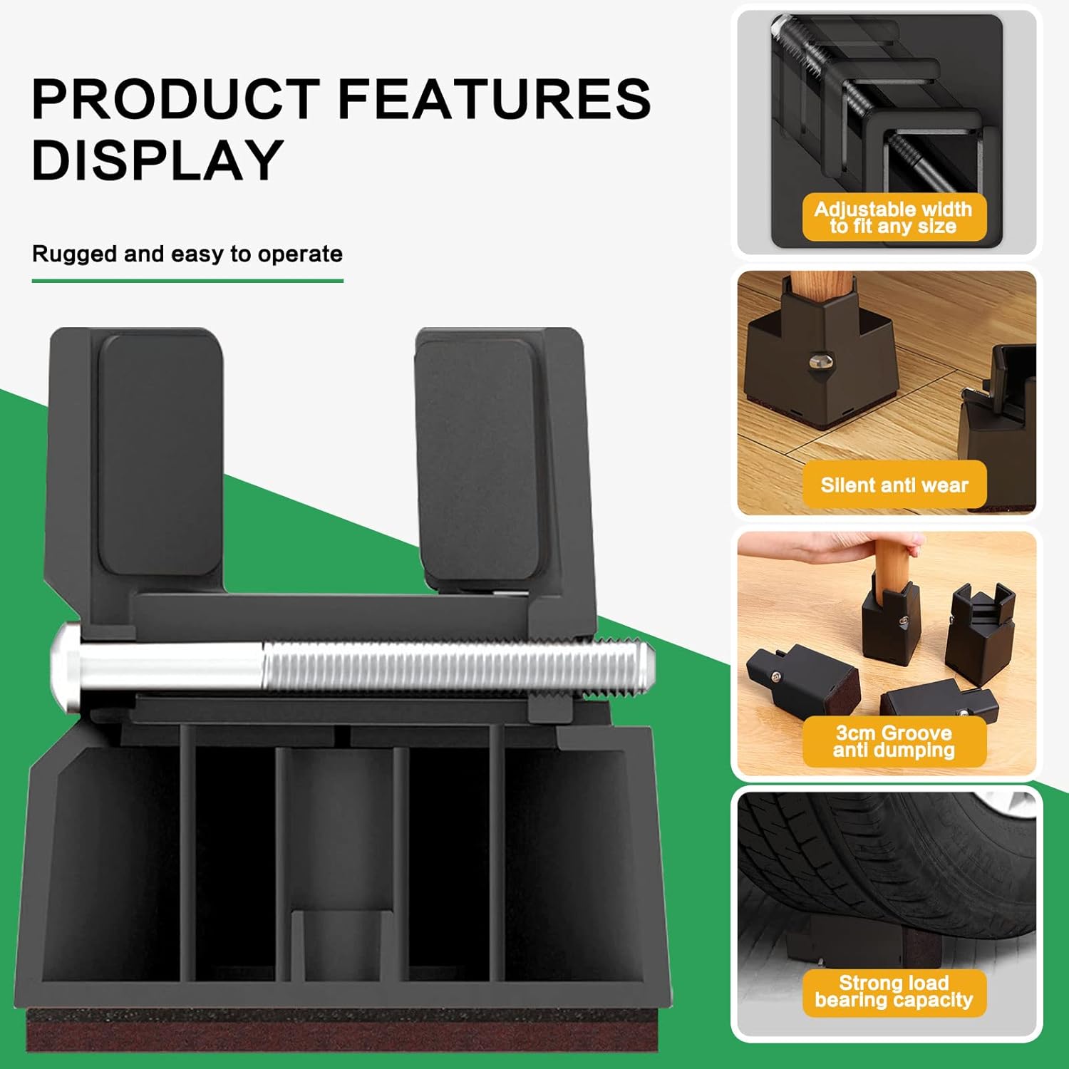 4Pcs Adjustable Furniture Risers with Screw Clamp, Sturdy Desk Risers for Desk Legs, Bed Risers Heavy Duty, Table Risers for Chair Frame Width from 0.8-1.6in, Supports 4409lbs (3In)