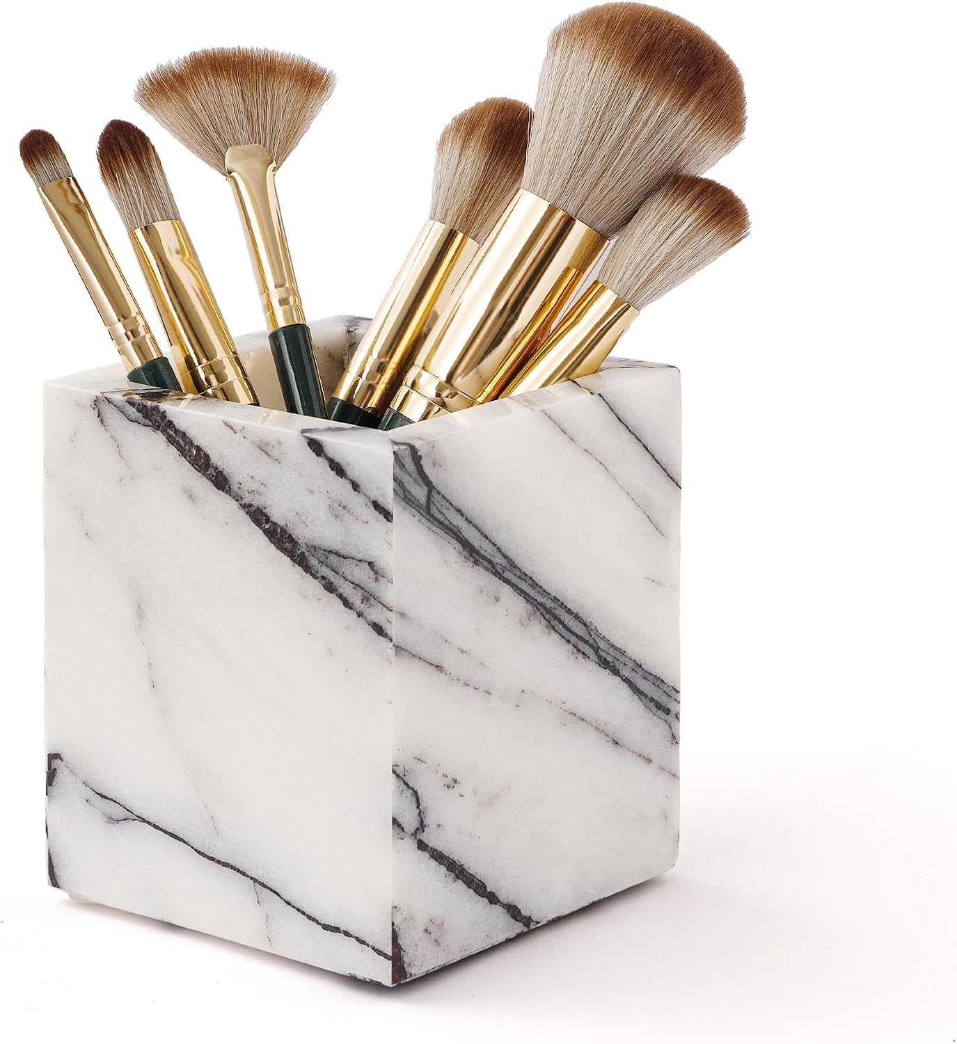 Natural Lilac Marble Toothbrush Holder 3.93Inch Solid Stone Makeup Brush Organizer, Luxurious Pen Holder, Square Utensil Storage Container for Bathroom, Office, Countertop Home Decor (WH097)