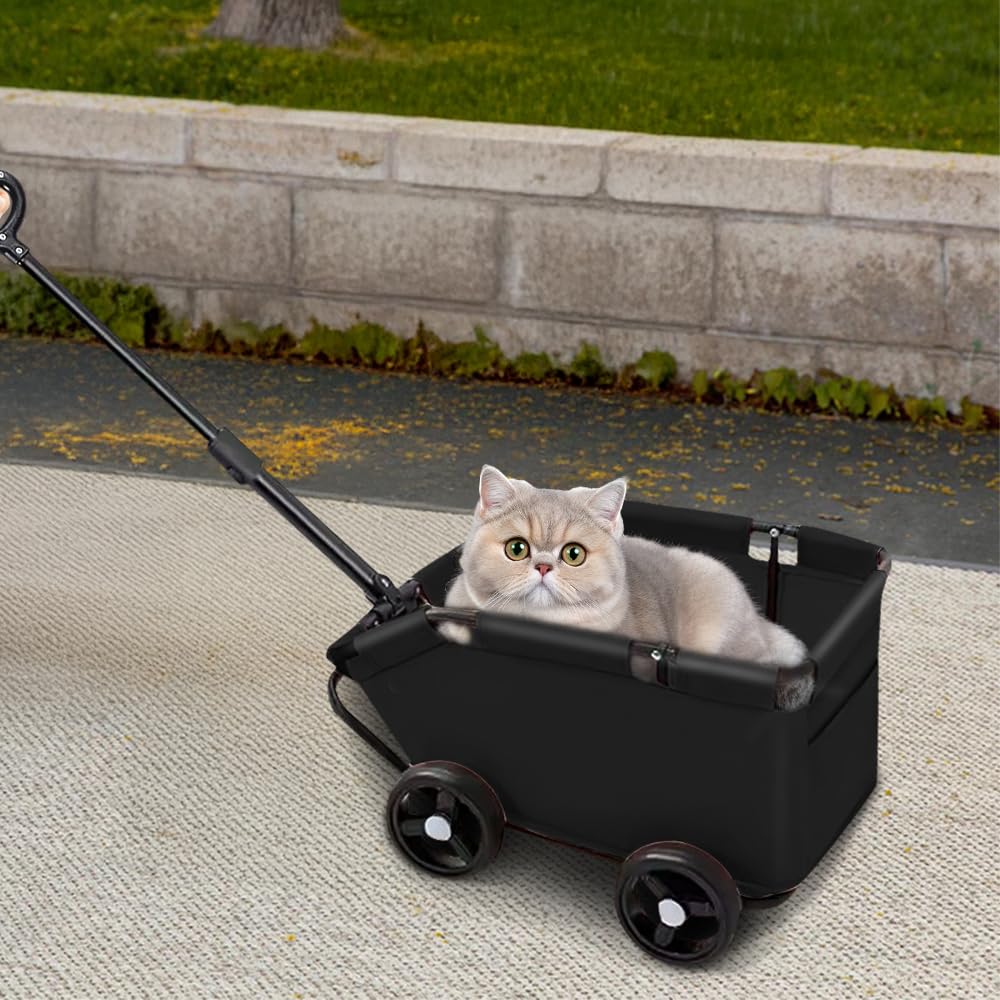 Passeggini per gatti pieghevole, con asta di spinta regolabile, passeggino portatile per animali domestici, carrello per cani e gatti, 51 x 35 x 31 cm (nero)