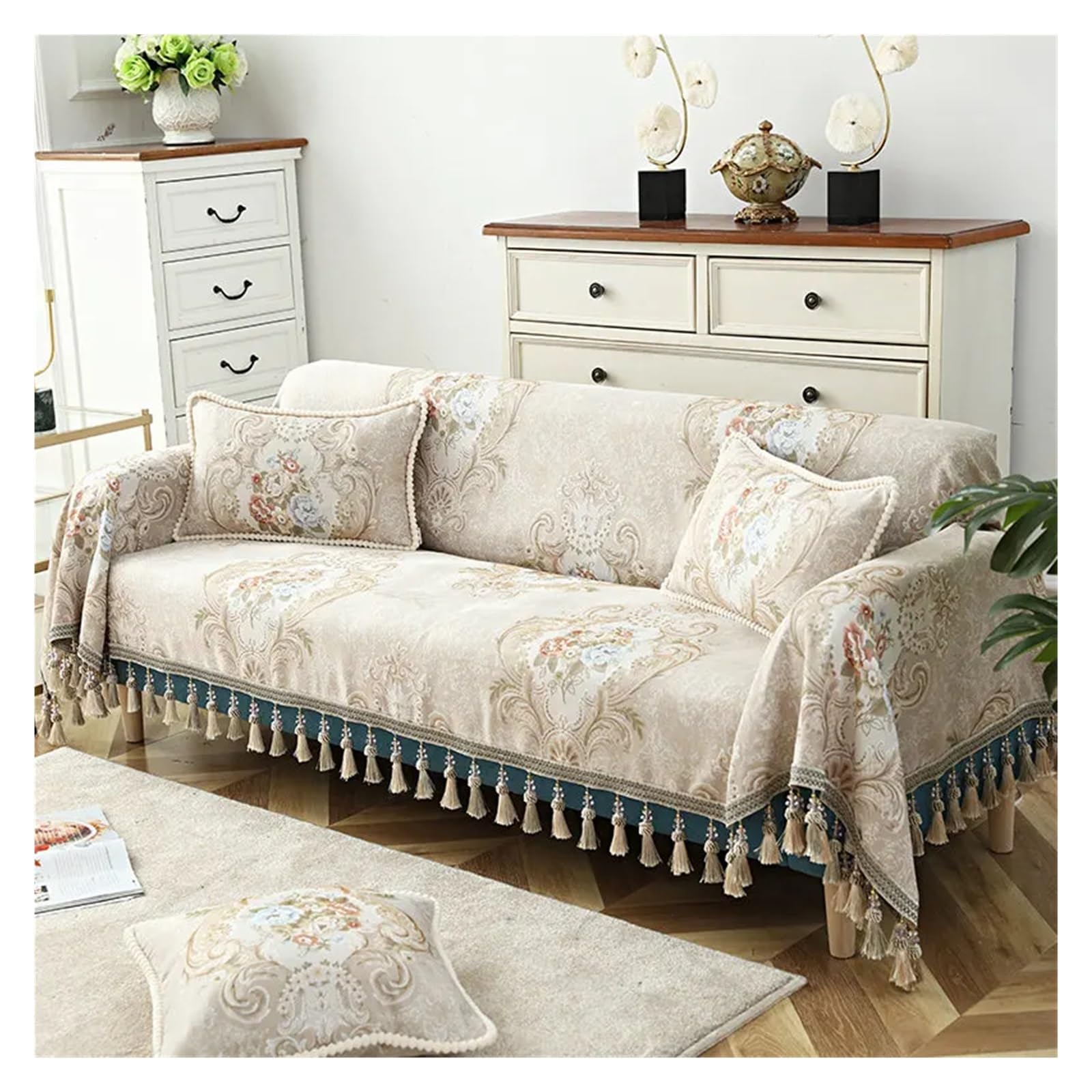 GCYEIDMA Vintage Sofa Cover Sofa Towel Cover With Tassels 1/2/3/4 Seater Flower Single Armchair Chaise Longue Couch(3 Seater-190x300cm)
