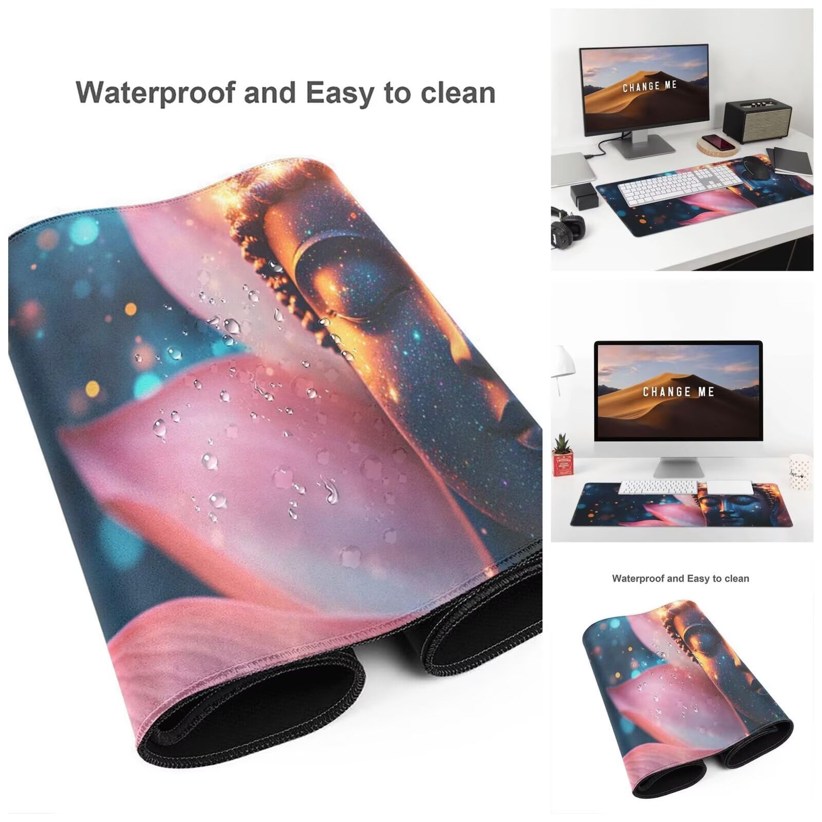 Alfombrilla Ratón Loto Alfombrilla Ratón XXL 1600 x 800 mm, Buda Mouse Pad Gaming con Bordes Cosidos, Impermeable Mousepad Base de Goma Antideslizante Duradera, Mouse Pad para Oficina Accesorios Q142