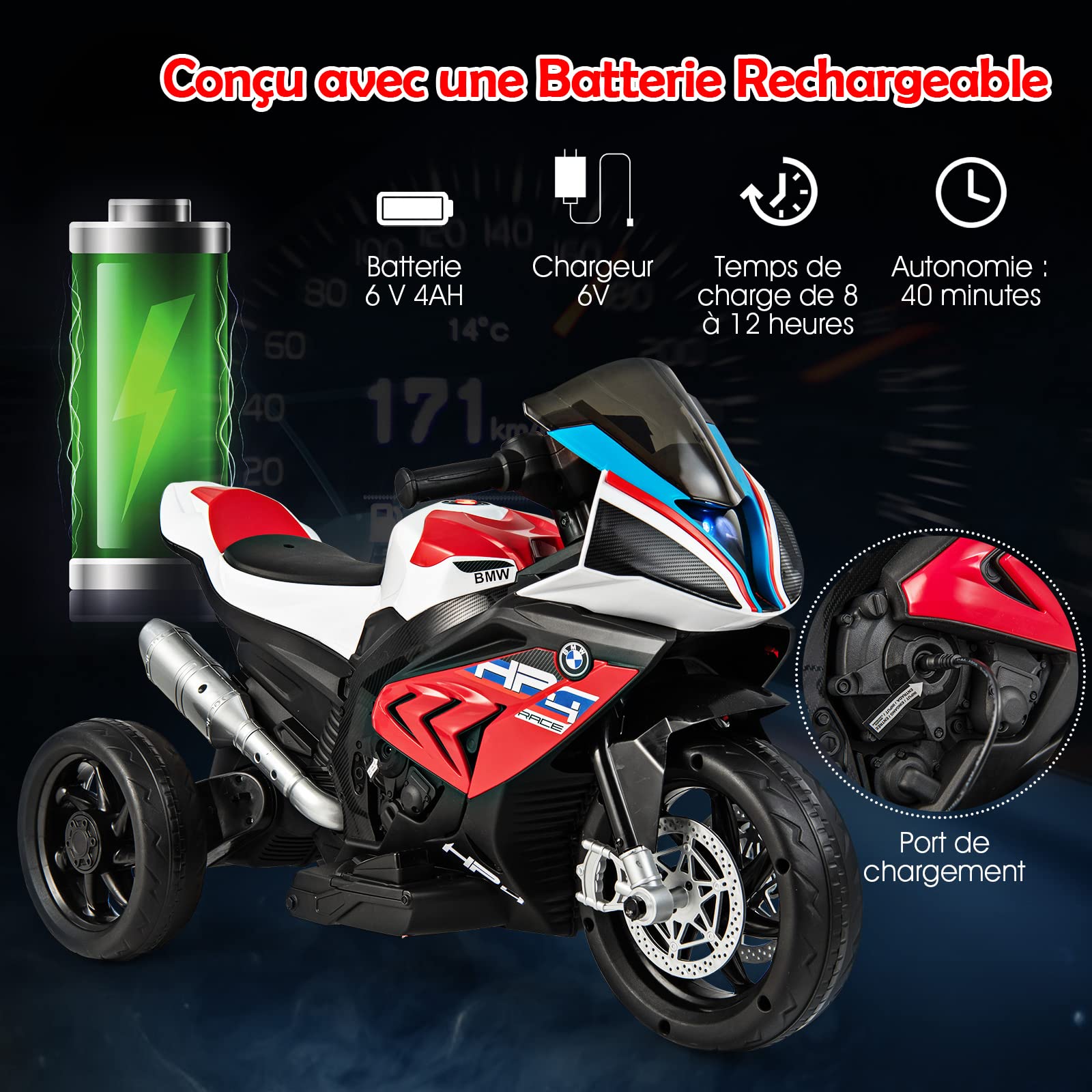 DREAMADE Moto Électrique pour Enfants avec Pédale, à Pousser, Siège Confortable, Port USB/AUX, 3 Roues, Vitesse 3 KM/H, Charge Max 30 KG, pour 3-8 Ans (Rouge)