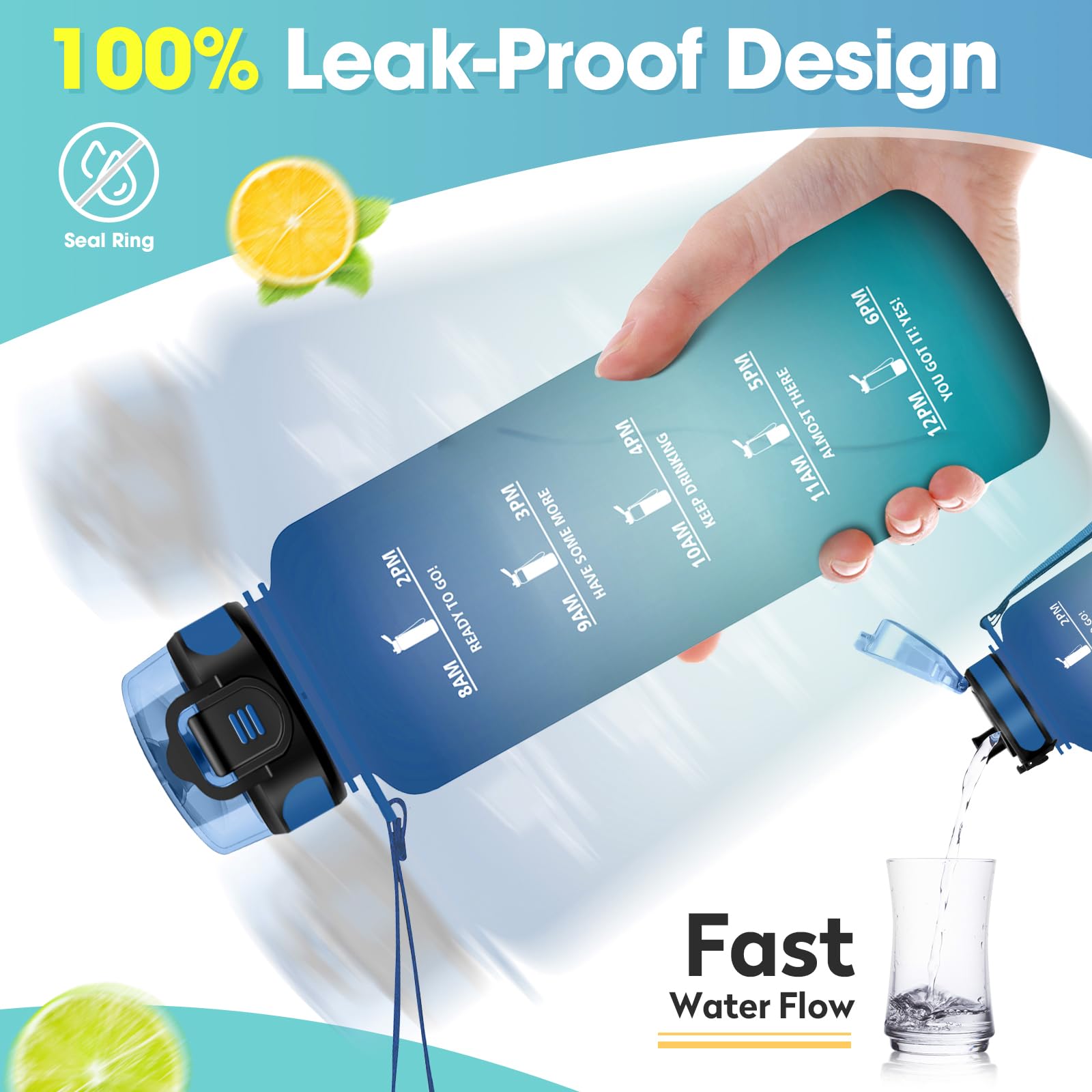 JAPORIA Borraccia 1.5L, Borraccia Palestra con Orari per Bere, a Prova di Perdite, senza BPA, Bottiglia Acqua per Palestra, Lavoro, Bici, Escursionismo, Ciclismo