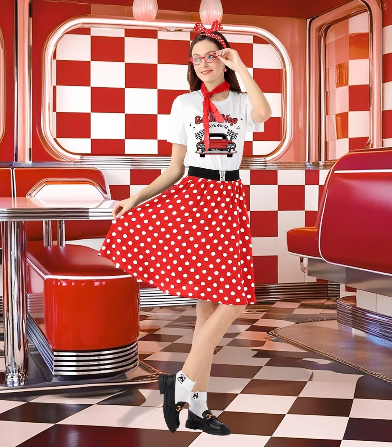 10Pcs Sock Hop Outfits Women, 1950s Poodle Skirts, T-Shirt with 50s Accessories Socks Scarf Headband Belt Earring - Image 2
