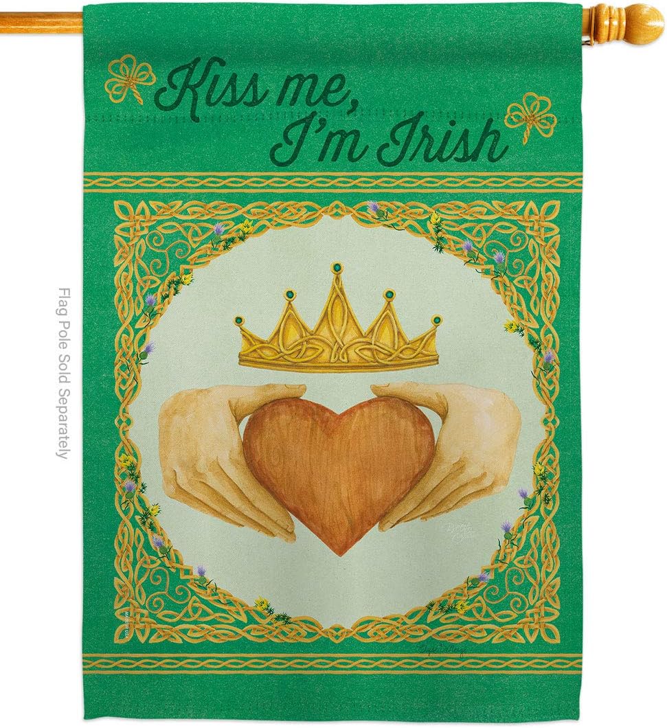 Kiss Me Im Irish House Flag Springtime St Patrick Shamrock Leprechaun Lucky Coin Holiday March Clover Small Decorative Gift Yard Banner Made In USA 28 X 40