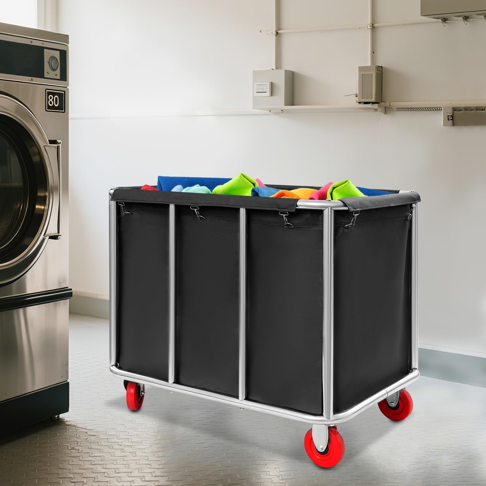 Duży komercyjny wózek na bieliznę ze stali nierdzewnej obciążenie 200 kg, kosz na kółkach z torbą Oxford 90 x 65 x 80 cm i 4 kołami, do hotelu, pralni, szpitala i domu