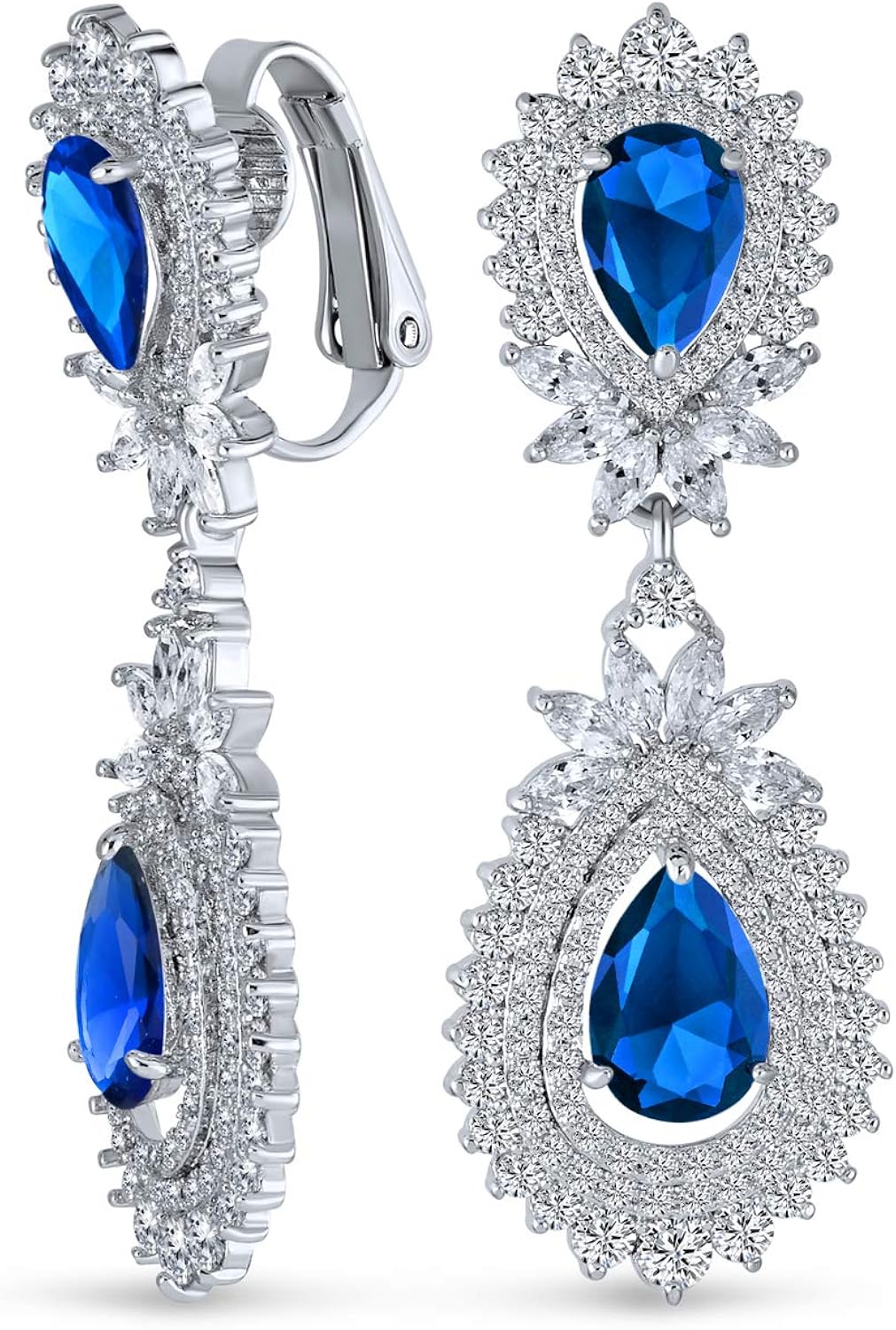 Bridal Fashion Vintage Art Deco Style Teardrop Shaped Halo AAA Cubic Zirconia Clear Royal Blue Statement Elegant Chandelier Clip On Earrings For Women Wedding Prom Silver Plated
