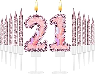 Amylove 21 Birthday Candle Pink Glitter Birthday Candles for Girls Princess Sequin 21th Number Happy Cake Topper with 10 Long Thin Cupcake Candle for Party Cake Topper Party Decor