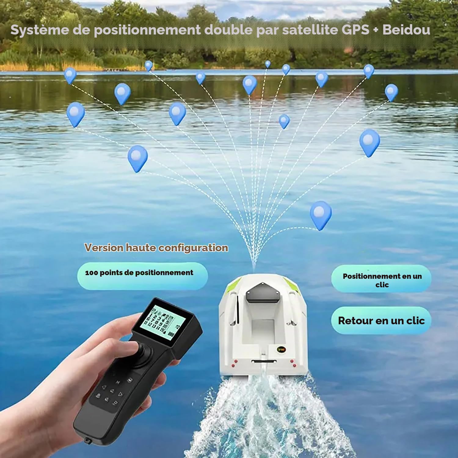 Bateau amorceur Peche Carpe, Bateau de pêche appât avec GPS, 2 Batteries, éclairage de Nuit, positionnement 100 Points, Vitesse réglable, Filet de traîne, Charge de 2 kg (Blanc)