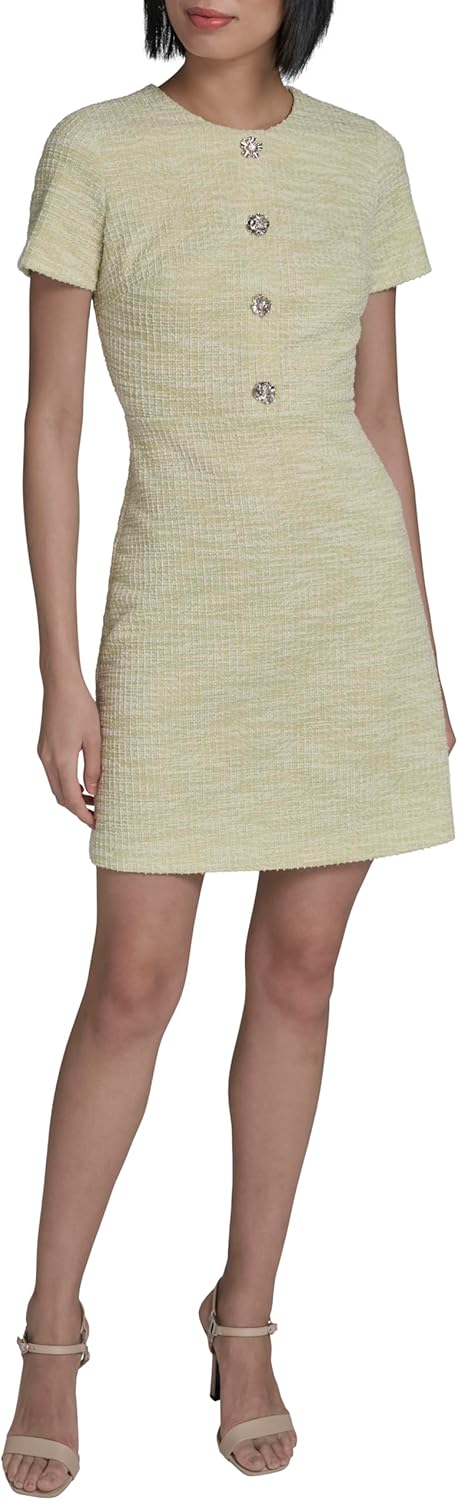 Karl Lagerfeld Women's Short Sleeve Gold Button Up Knit Sheath Mini Dress