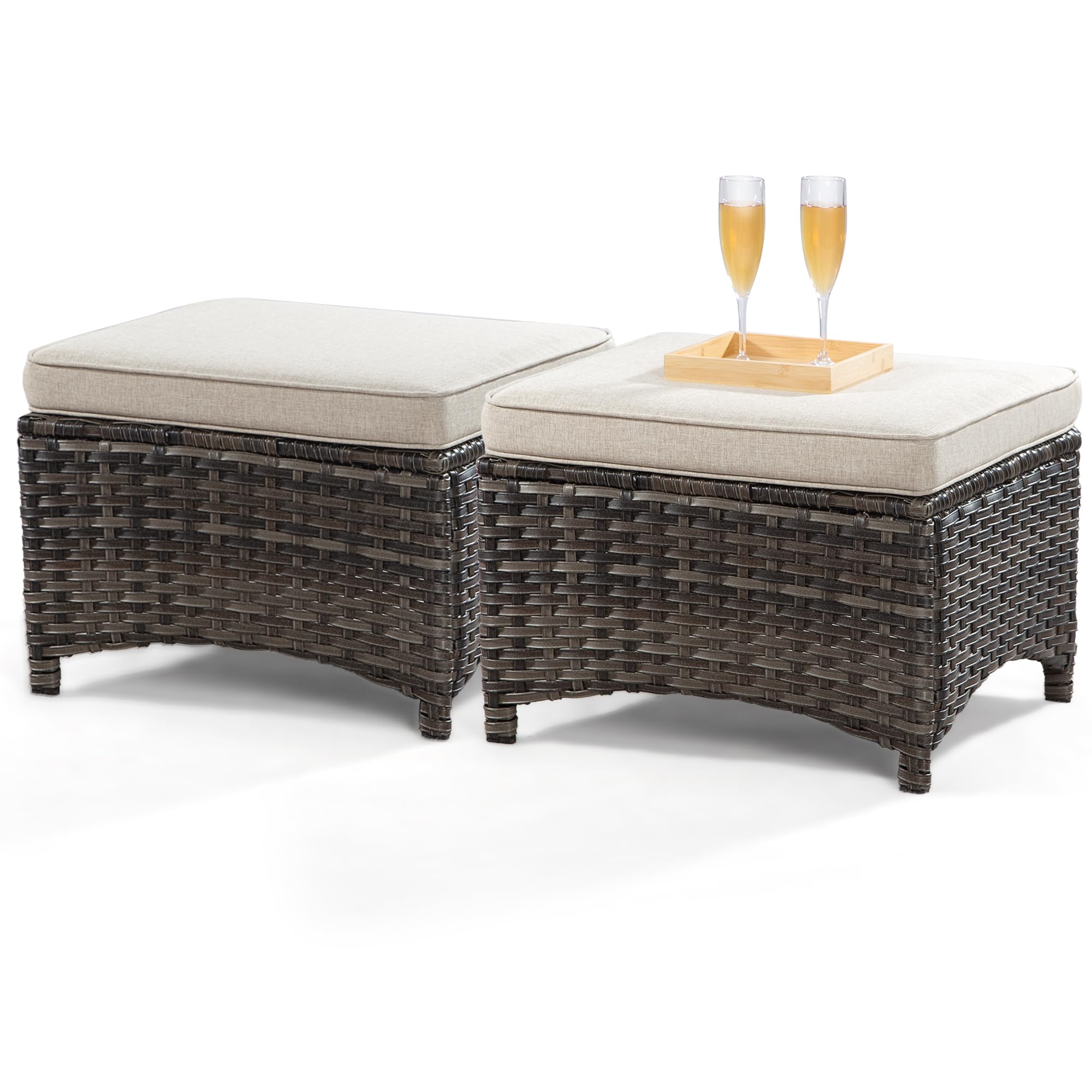 MeetLeisure Outdoor Ottomans for Patio Set of 2 PE Wicker Steel Frame Outdoor Footstool with Removable Olefin Cushions for Patio, Backyard and Deck, Beige