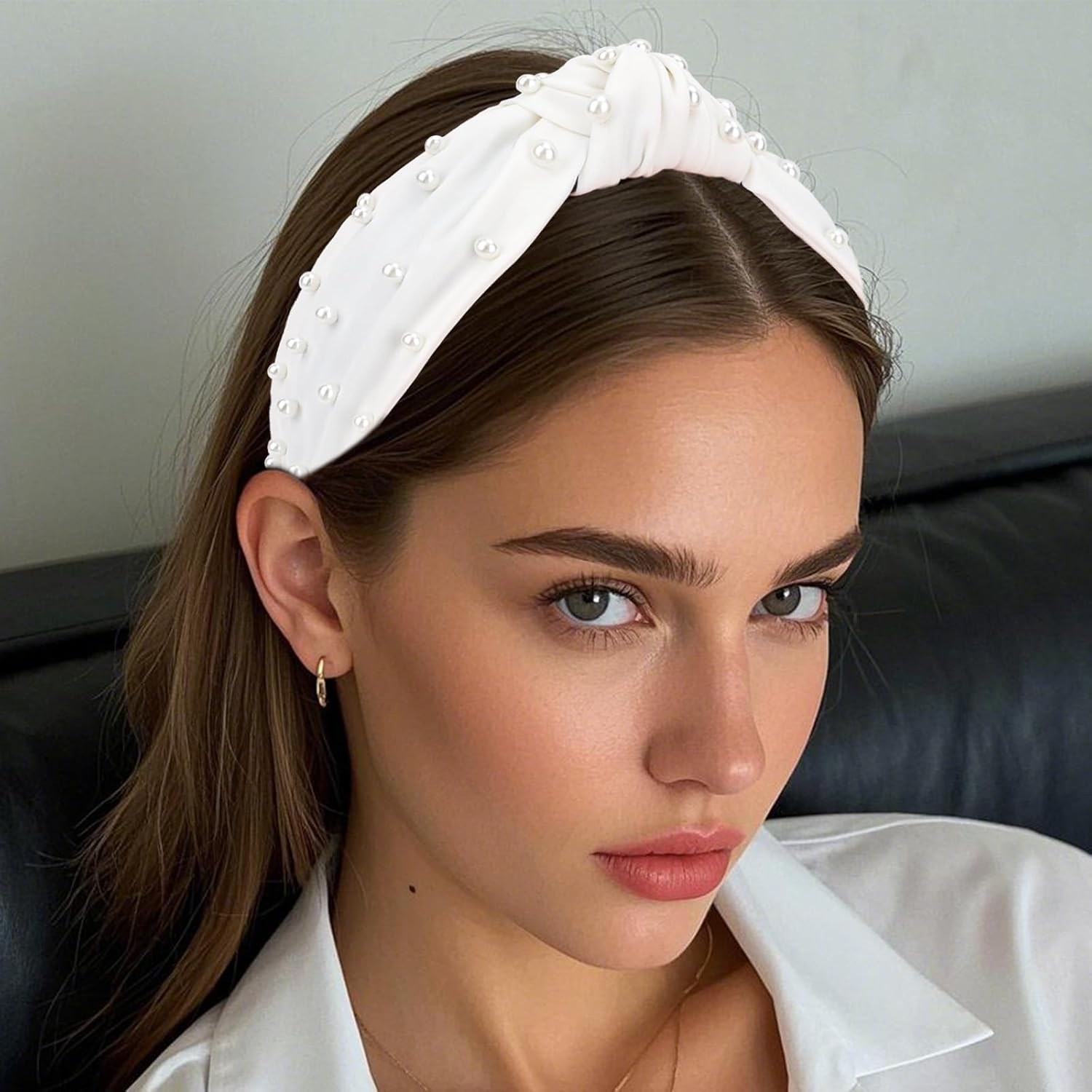 YISSION Pearl Knotted Headband for Women Non Slip Silk Beaded Headbands for women Wide Jeweled Embellished Hairband White Headband Hair Accessories for Women Girls - Image 2