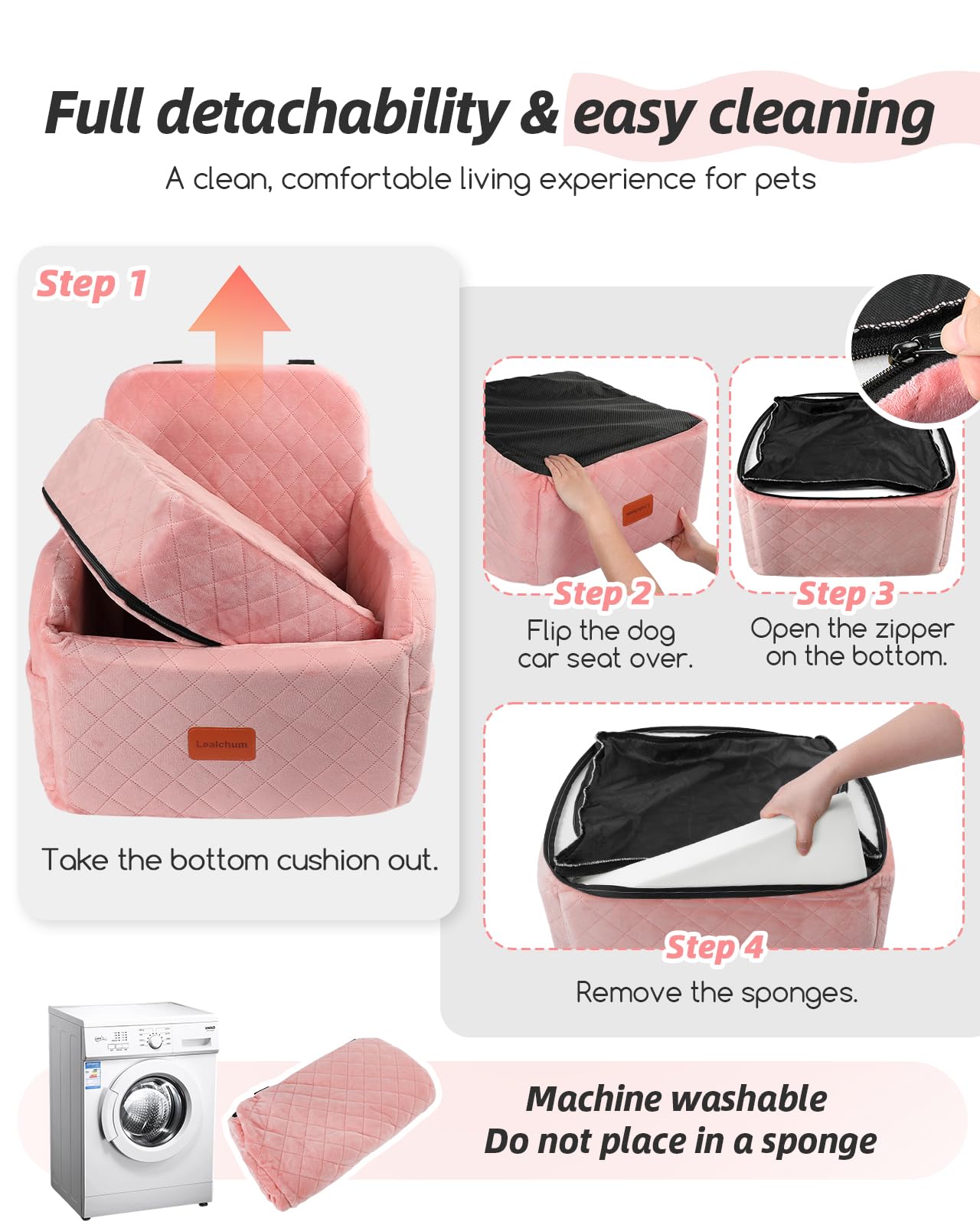 Lealchum Dog Booster Car Seat for Small/Medium Dogs,Soft Puppy Portable Car Seat with Elevated Cushion,Fits in Front/Back Seat,Fully Detachable and Washable,Easy to Install (Pink, Medium) - image 6