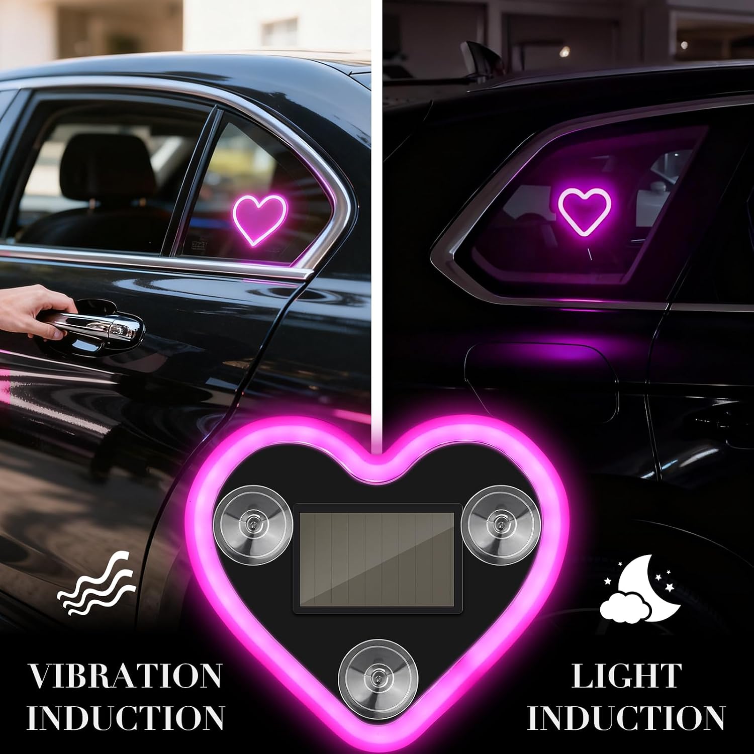 2Pcs Car LED Ambient Light, Solar Powered Heart Shape Lights, LED Neon Light for Car Back Window Decoration, Night Driving, 5 Modes - Pink