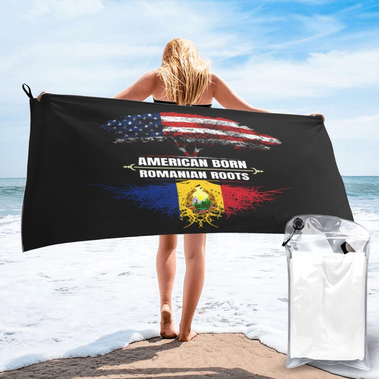 Drap de bain portable drapeau Roumanie et États-Unis 70x140cm