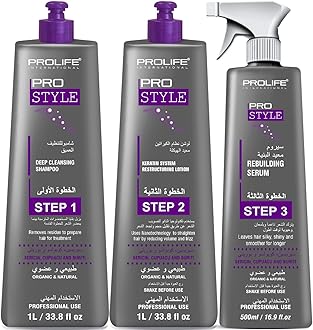 PROSTYLE Hair Keratin Straightening Kit for Very Rough and Thick Hair contain Silk Worm Protein, Buriti Oil, and Cupuacu Butter, No Bad Smell or Eye Irritation, Made In Brazil (1 Liter)