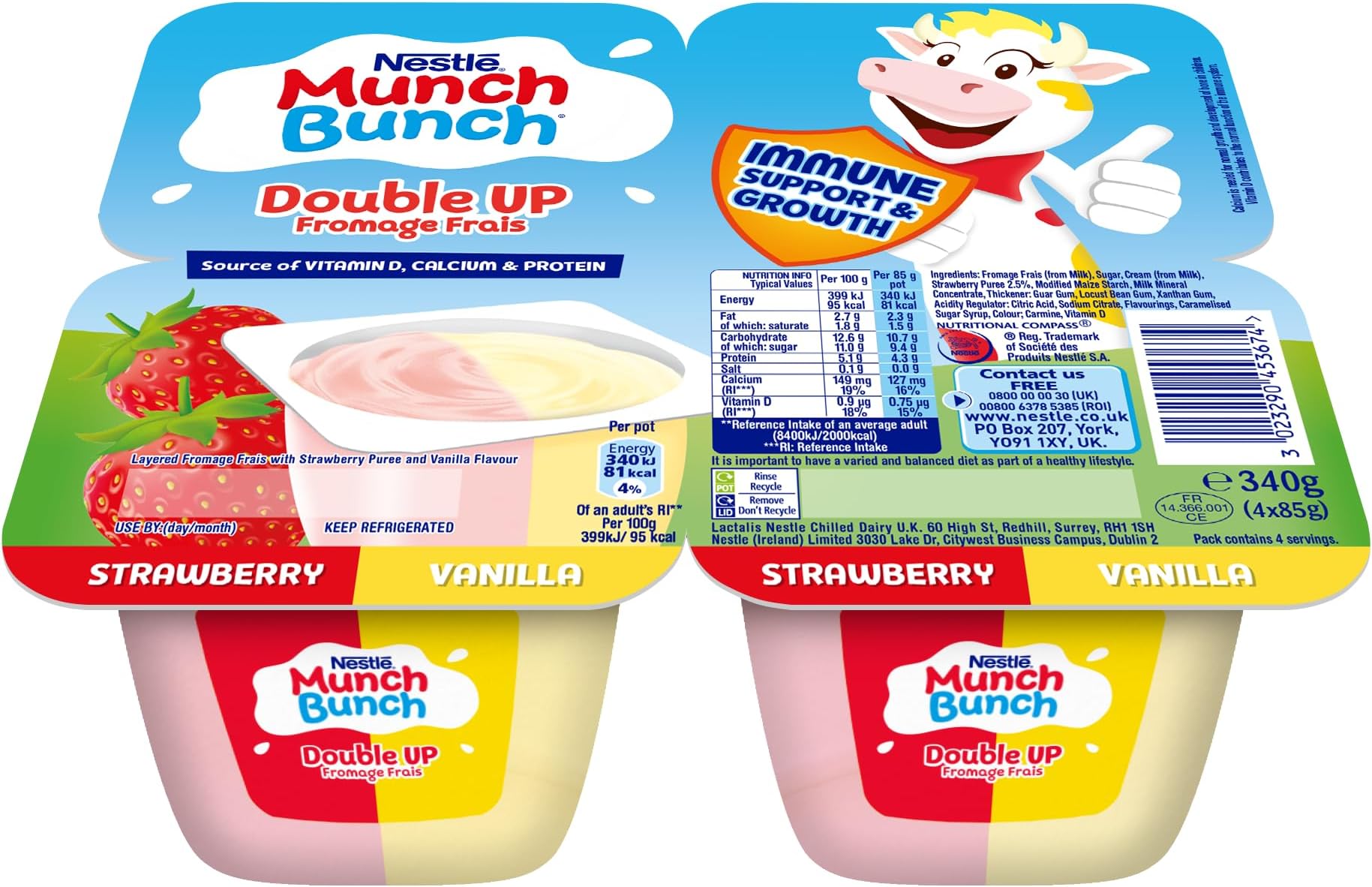 Double Up Fromage Frais Strawberry Vanilla, 4 x 85g