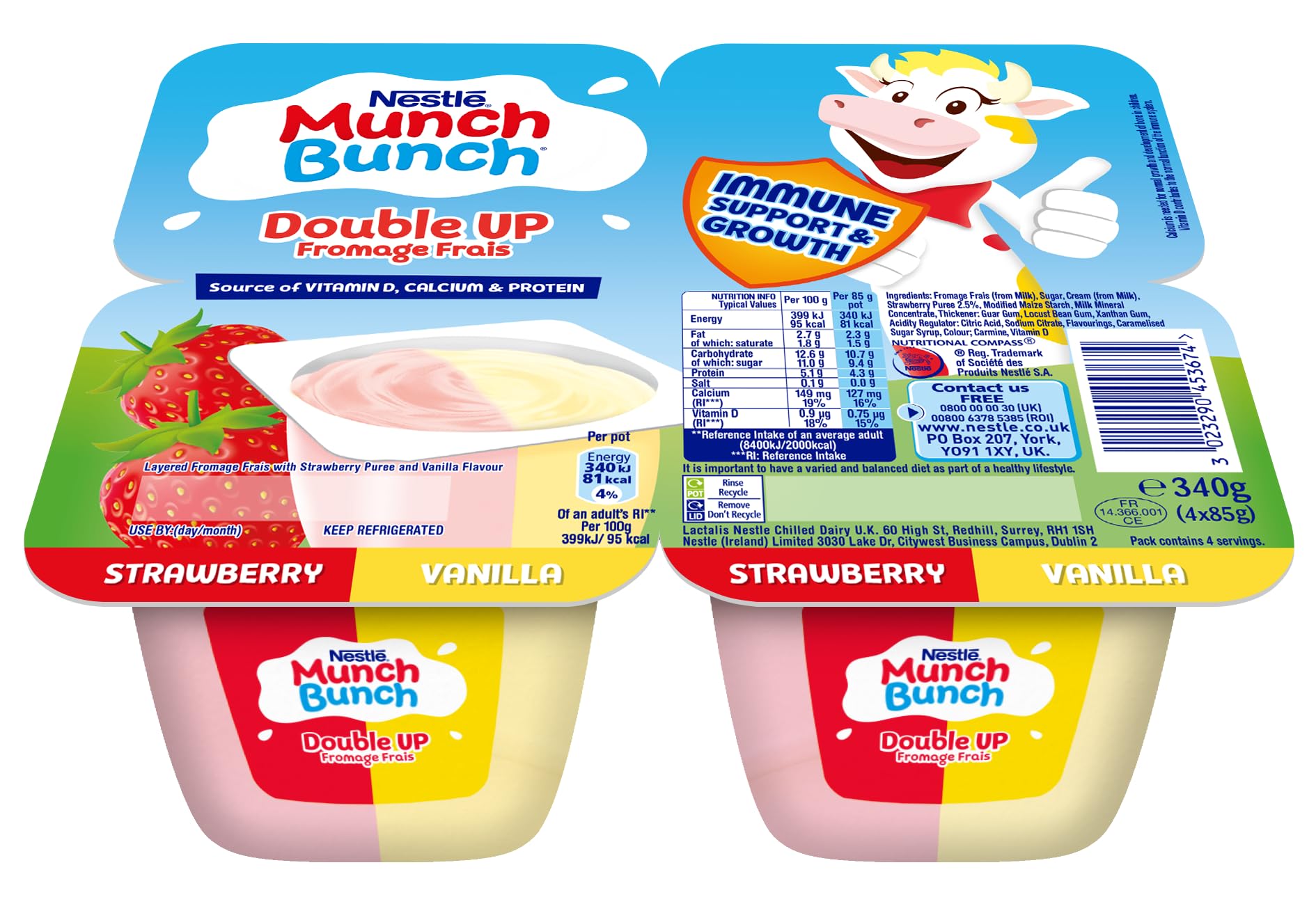 Double Up Fromage Frais Strawberry Vanilla, 4 x 85g