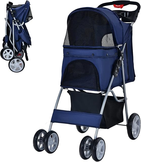 COSTWAY Folding Pet Stroller, 4 Lockable Wheels Dog Travel Pushchair Cat Buggy with Safety Belt, Adjustable Canopy, Cup Holder & Storage Basket, Dogs Cats Prams for Small Medium Pets (Navy)