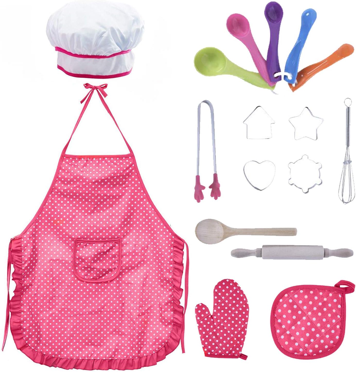 Kids Chef Role Play Complete Kid Set 12PCS With Toddler Dress Up Cook Costume Includes Chef Hat, Mitt & Utensil,Food clip for Boys and Girls Over 3 Years Old