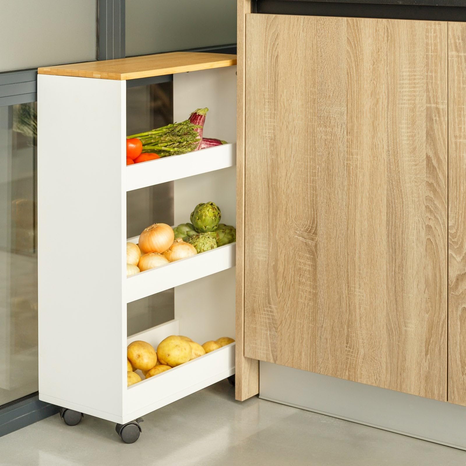 CASASELECCION - Carro estantería con Ruedas en Madera Blanco y Natural de 48x24x77 cm. Carrito Multiusos con bandejas anticaída, Ideal para organizar con Movilidad la Cocina, el baño u Oficina.