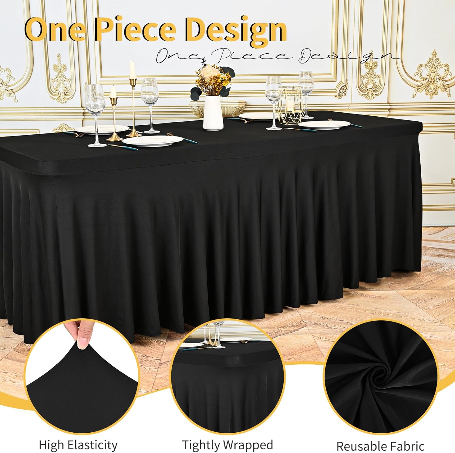 6 Packs Black Spandex Table Clothes for 6 Foot Rectangle Tables, Wrinkle Resistant Fitted Tables Cover, Washable Stretch Table Skirts for Weddings Parties Banquet Birthday Festival