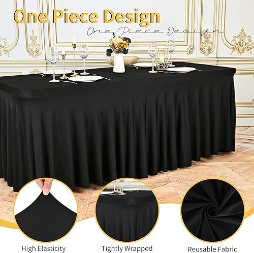 Miniatura 3 de Paquete de 6 manteles de elastano negro para mesas rectangulares de 6 pies, funda de mesa ajustable resistente a las arrugas, faldas de mesa