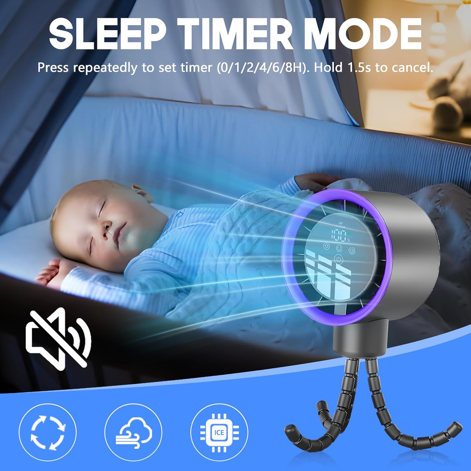 Portable Turbo Stroller Fan with Auto Oscillation & Timer, Rechargeable Clip-On Baby Fan, 100-Speed Touch Screen LED Display, 10H Runtime, 360° Adjustable for Stroller Car Seat Crib Nursery Travel