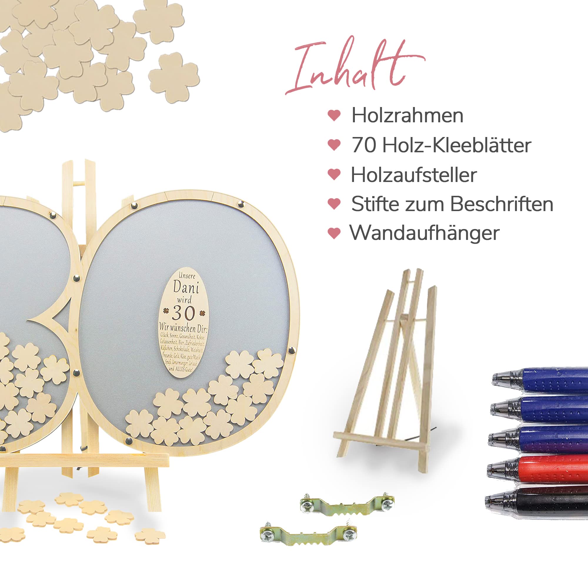 Besonderes personalisierbares Gästebuch aus Holzzahlen 30 | 40x60cm in silber | Holz Kleeblätter zum Beschriften | Geburtstagsdeko | Made in Germany