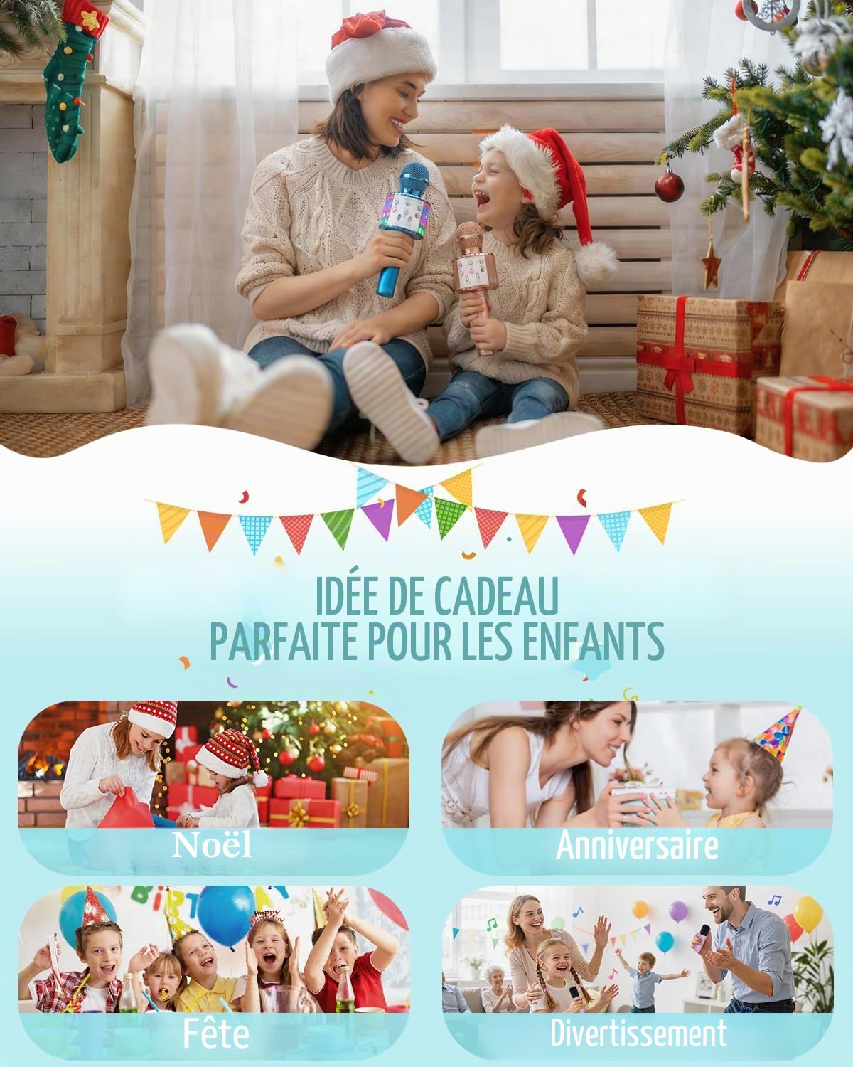 Microphone de Karphone Bluetooth Sans Fil Avec Des Lumières LED Portables Chant de la Machine de Haut-Parleur Karaoké Toys Pour Enfants Adultes (Bleu+Champagne, 10 Housses de Microphone Jetables)