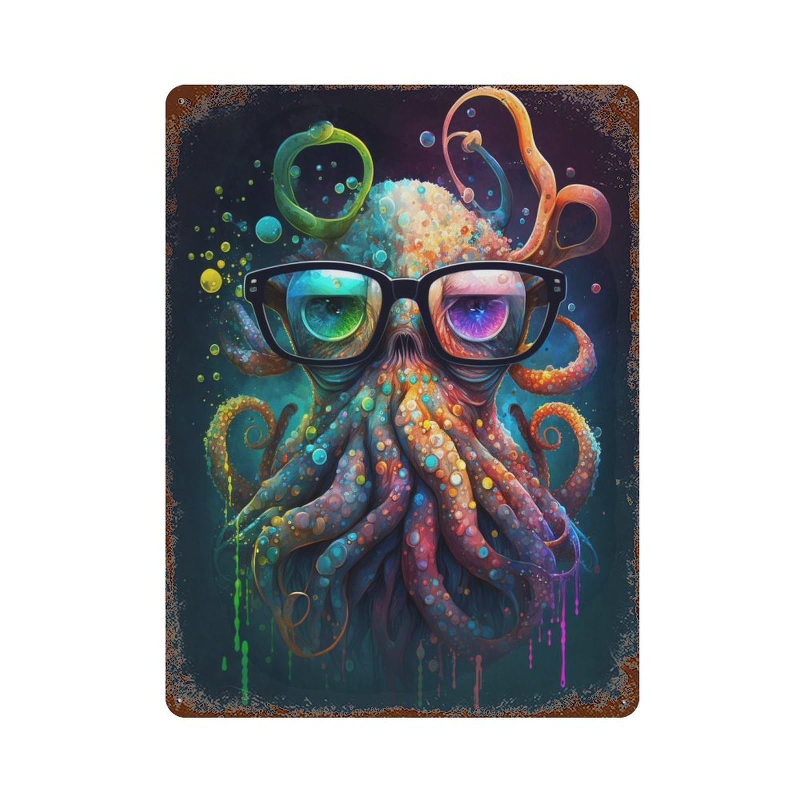 Garage Style Colorful Octopus Art Print-1 Rusty Metal Tin Sign 15.7"x11.8", Classic Wall Plaque for Bar And Workshop